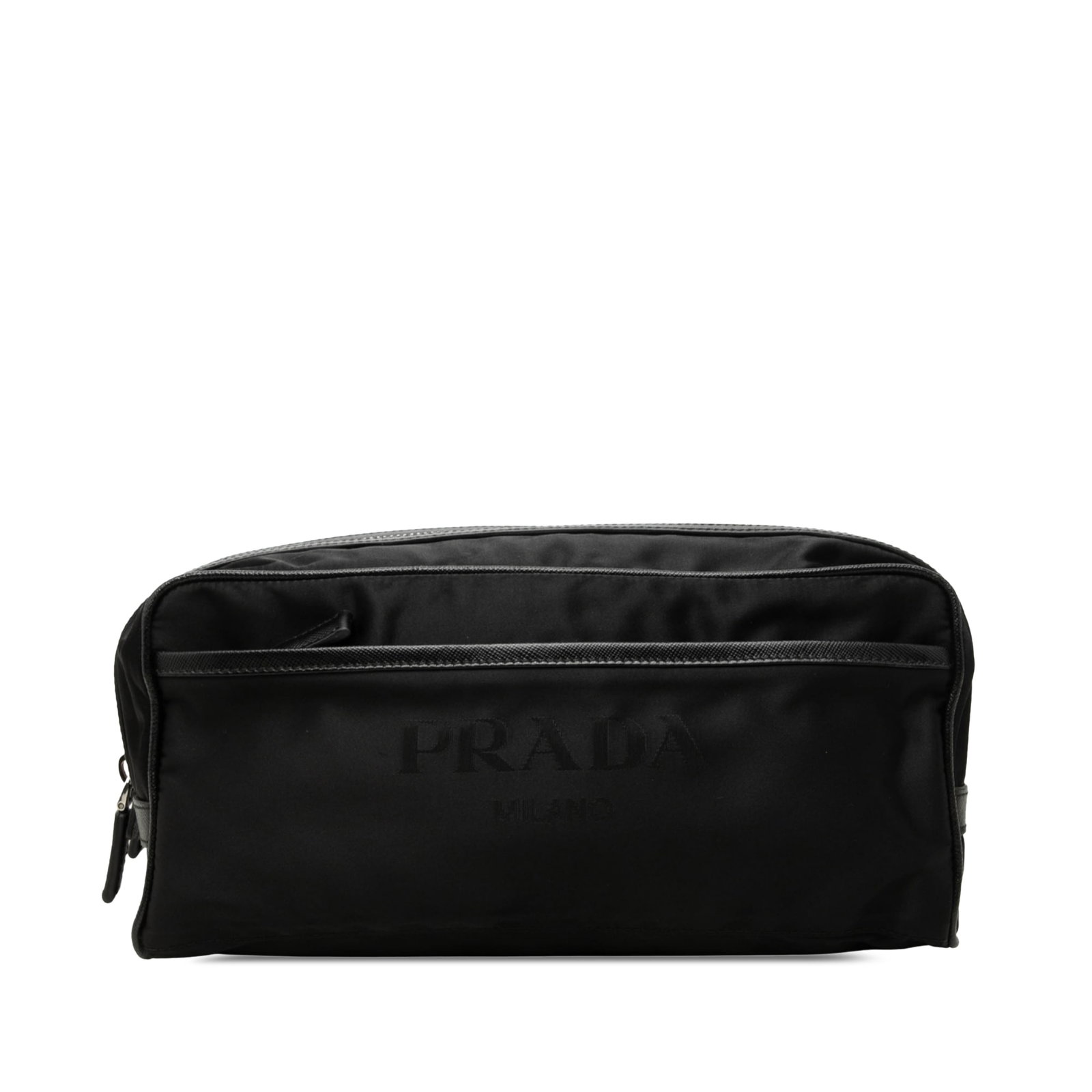Prada Re Nylon Travel Pouch with Saffiano Trim Black: Prada Re Nylon Travel Pouch with Saffiano Trim Black A Prada travel pouch crafted with a nylon body and saffiano leather trim. It features dual top zip compartments, exterior zip pockets at the front 