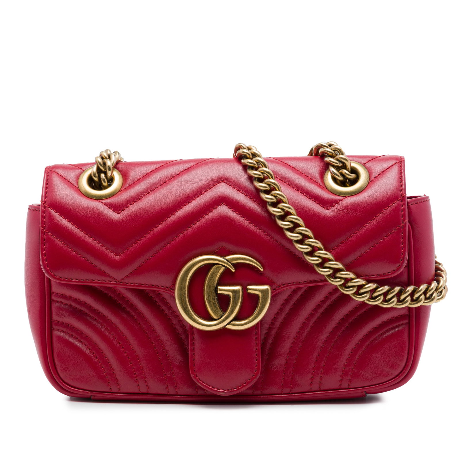 Gucci GG Marmont Small Matelasse Leather Shoulder Bag Red: Gucci GG Marmont Small Matelasse Leather Shoulder Bag Red A Gucci Small GG Marmont shoulder bag crafted in red matelasse calfskin leather. This bag features a quilted leather body, a curb chain and le
