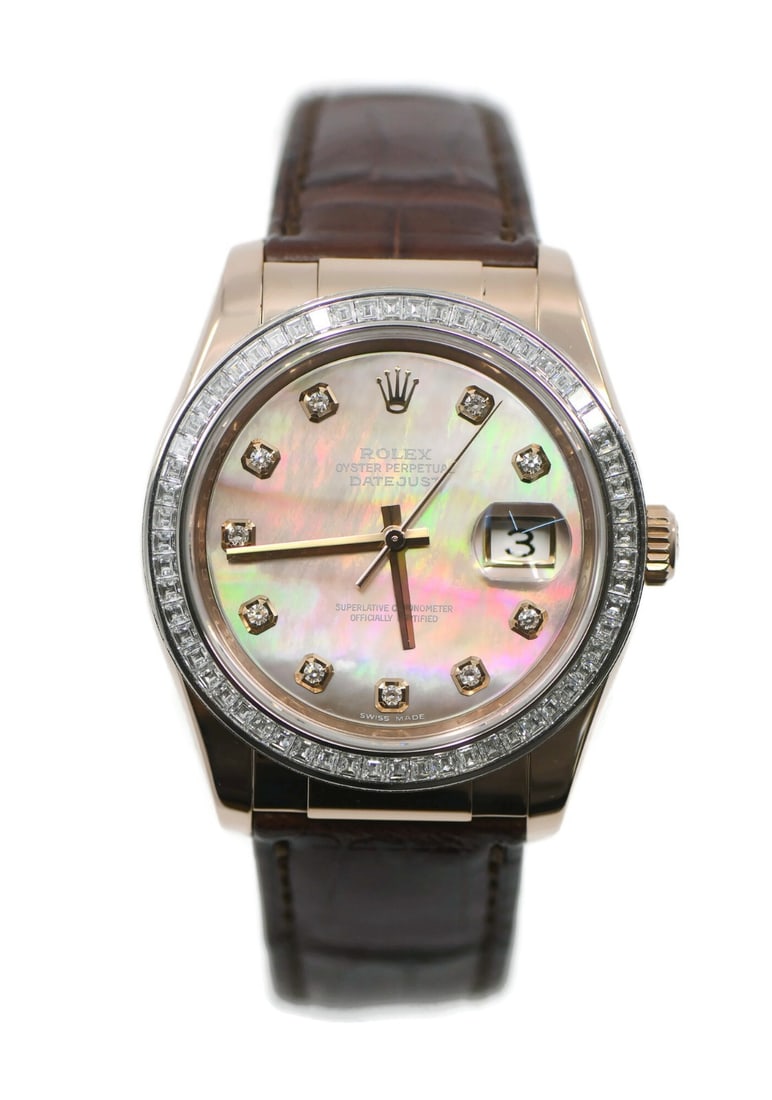 Rolex Datejust 116185BBR 18K Rose Gold Diamond Dial Wristwatch: Rolex Datejust 116185BBR 18K Rose Gold Diamond Dial Wristwatch Pre-owned Rolex Datejust wristwatch in 18K rose gold with a polished round case, diamond bezel, and diamond markers. This automatic watch