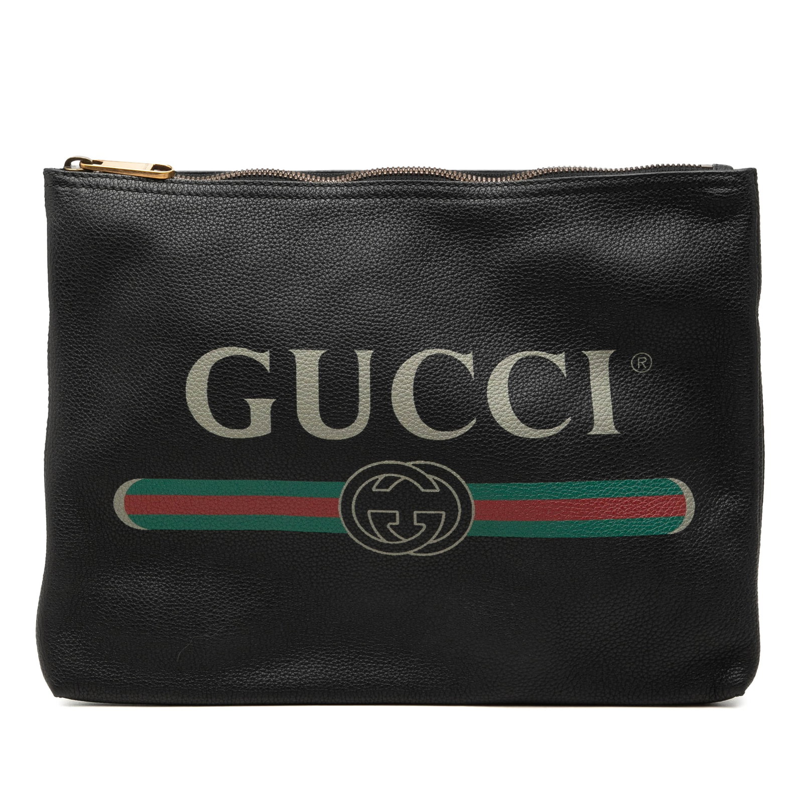 Gucci Logo Portfolio Clutch Medium Black Calfskin Leather: Gucci Logo Portfolio Clutch Medium Black Calfskin Leather A Gucci Medium Calfskin Logo Portfolio Clutch in black leather with a printed logo design and top zip closure. Made in Italy, this portfolio-s