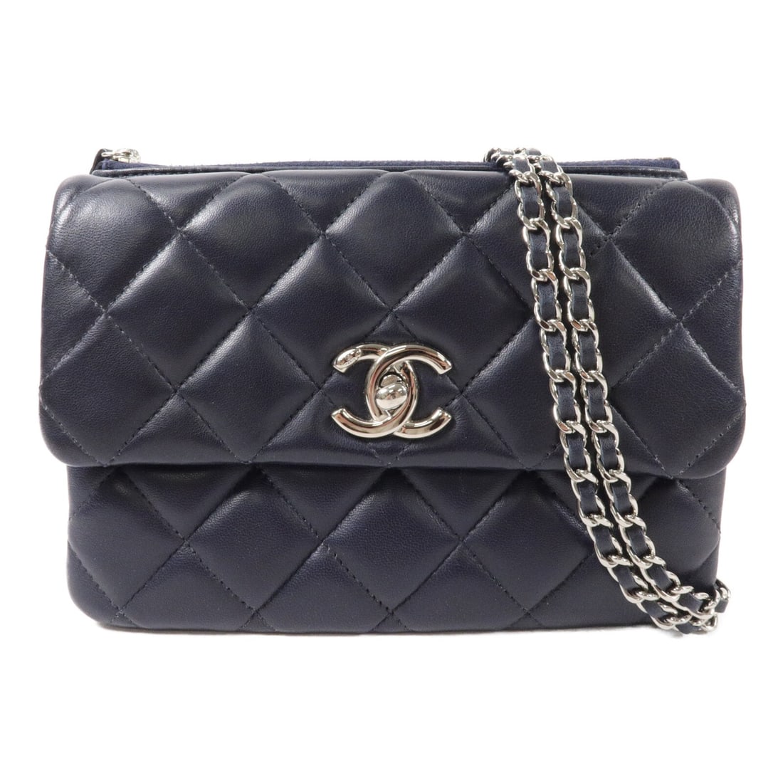 CHANEL CC Navy Calfskin Chain Shoulder Bag with SHW: CHANEL CC Navy Calfskin Chain Shoulder Bag with SHW CHANEL CC SHW Chain Shoulder Bag in navy blue calfskin leather. This shoulder bag features a chain strap, turn lock closure, and one outside/inside 