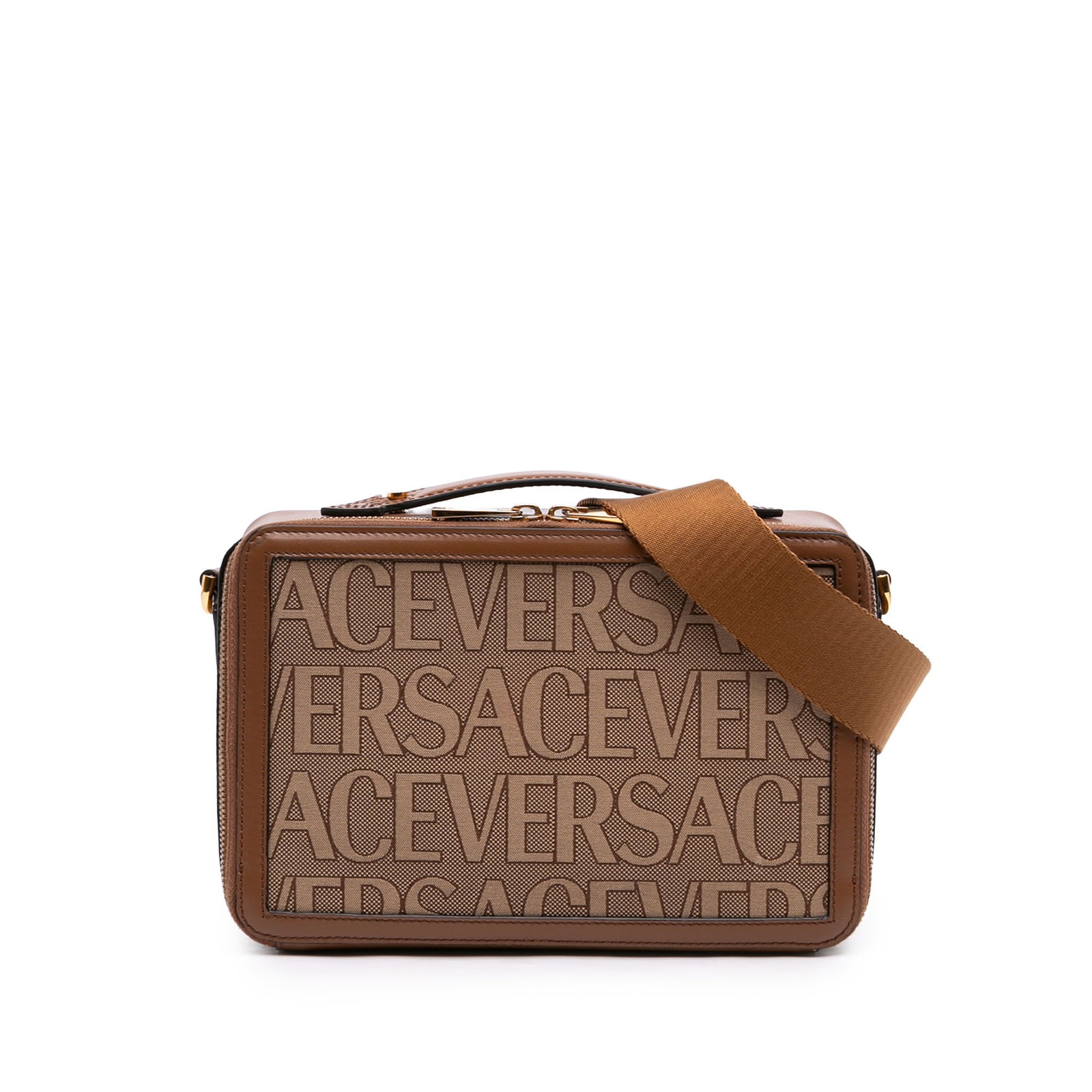 Versace All Over Canvas Messenger Bag with Leather Trim: Versace All Over Canvas Messenger Bag with Leather Trim Versace Canvas All Over Messenger bag crafted in canvas with leather trim. It features a flat leather top handle, a detachable canvas shoulder s