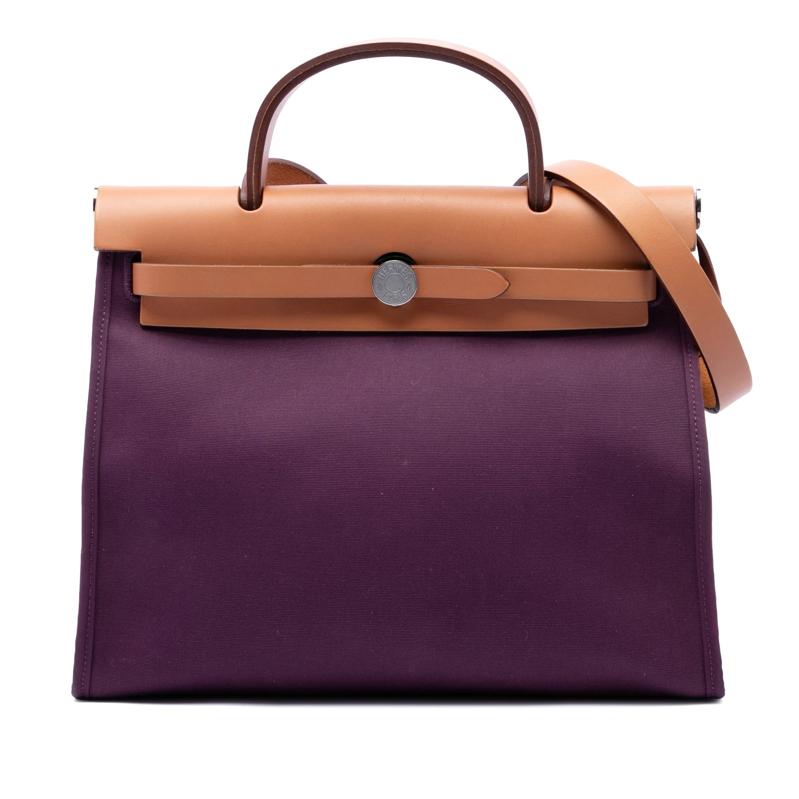 Hermes Toile Verso Herbag Zip 31 Shoulder Bag Purple: Hermes Toile Verso Herbag Zip 31 Shoulder Bag Purple The Hermes Toile Verso Herbag Zip 31 is a structured bag with a fabric body, leather top handle, and leather shoulder strap. It features a front le
