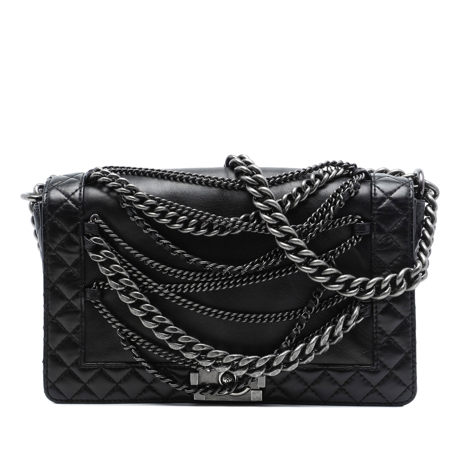 Chanel Enchained Boy Medium Flap Bag Black Lambskin: Chanel Enchained Boy Medium Flap Bag Black Lambskin A Chanel Paris Dallas Medium Enchained Boy Flap crafted in black lambskin leather. This shoulder bag features a silver-tone curb chain and leather s