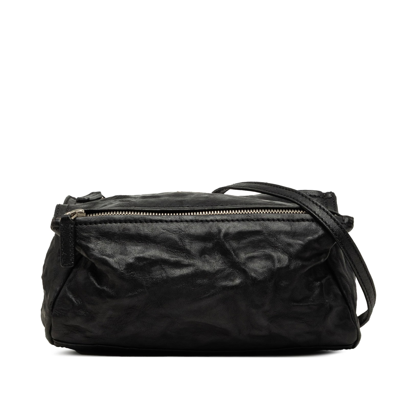 Givenchy Pandora Mini Crossbody in Wrinkled Black Sheepskin: Givenchy Pandora Mini Crossbody in Wrinkled Black Sheepskin A compact Givenchy Pandora crossbody crafted in black wrinkled sheepskin leather. This mini bag features an adjustable leather strap, a top 