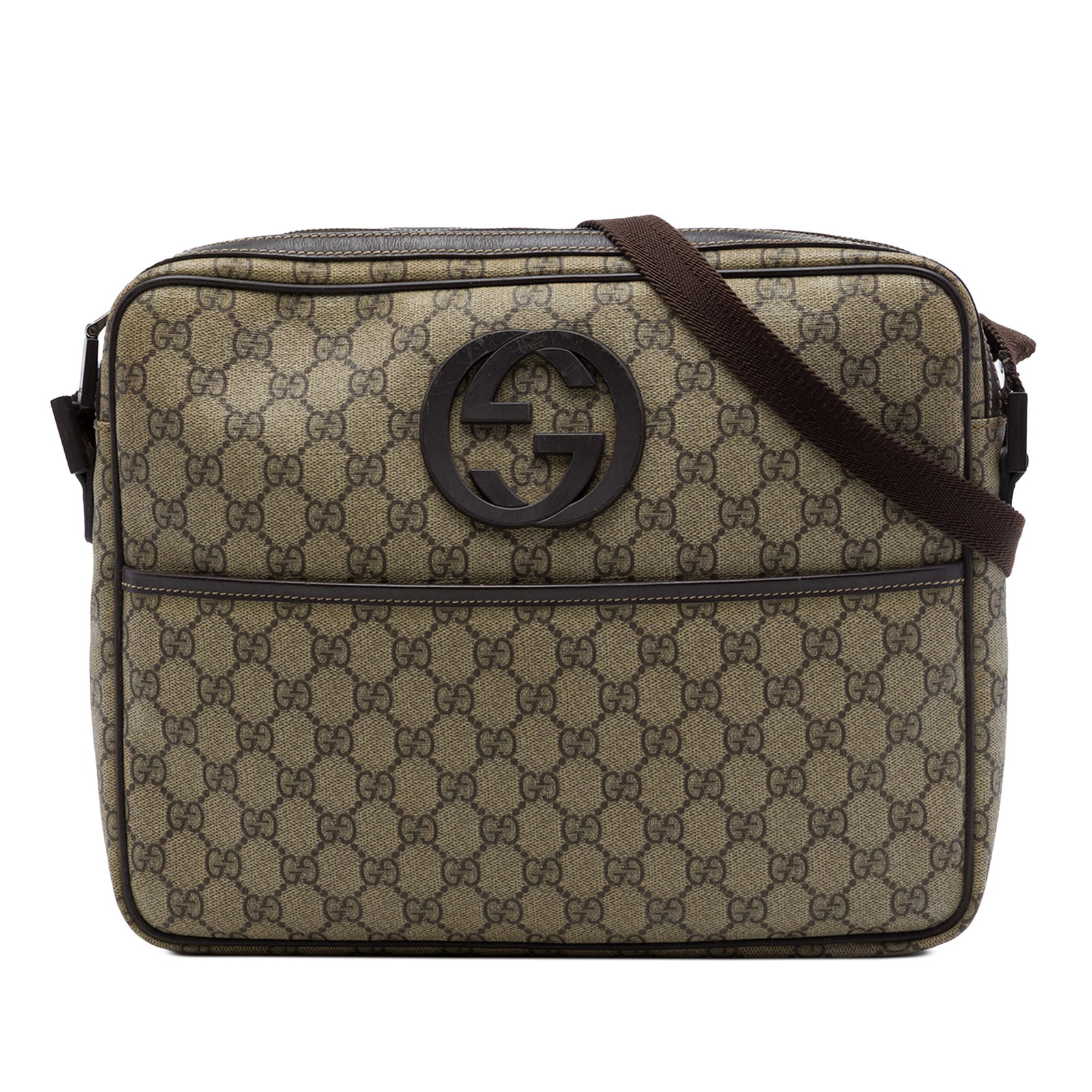 Gucci GG Supreme Beige Coated Canvas Crossbody Bag: Gucci GG Supreme Beige Coated Canvas Crossbody Bag Gucci GG Supreme Interlocking G crossbody bag crafted with a coated canvas body and leather trim. It features an adjustable flat shoulder strap, a to