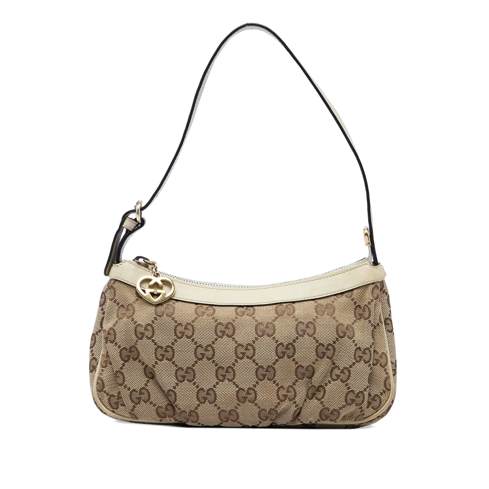 Gucci Lovely Heart Pochette Beige GG Canvas Shoulder Bag: Gucci Lovely Heart Pochette Beige GG Canvas Shoulder Bag A Gucci GG Canvas Lovely Heart Pochette crafted with a canvas body and leather trim. This shoulder bag features a flat leather strap and a top 