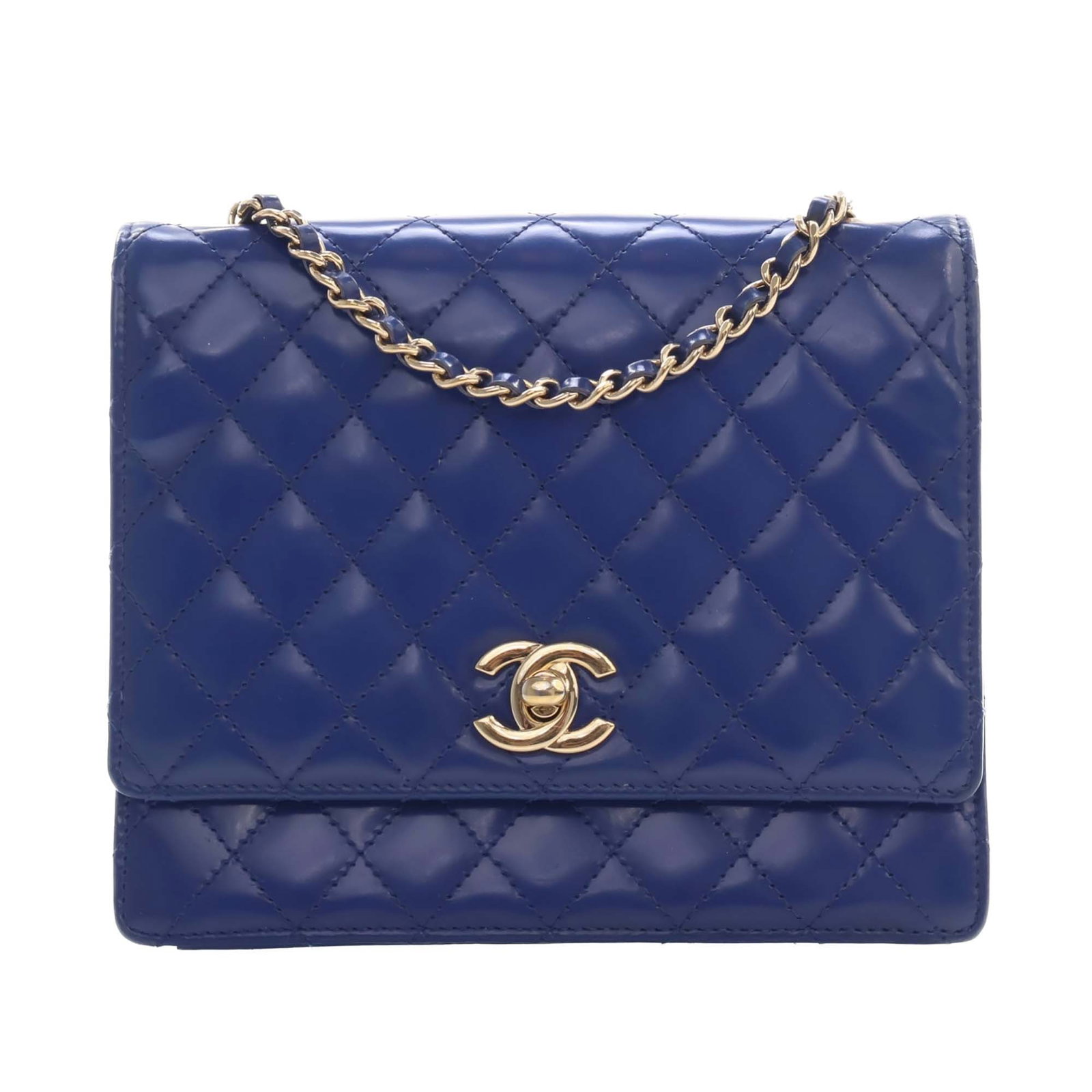 Chanel CC Square Flap Quilted Patent Leather Crossbody Bag: Chanel CC Square Flap Quilted Patent Leather Crossbody Bag A Chanel CC Quilted Patent Square Flap crossbody bag in blue patent leather. It features a quilted body, a leather-woven chain strap, a front