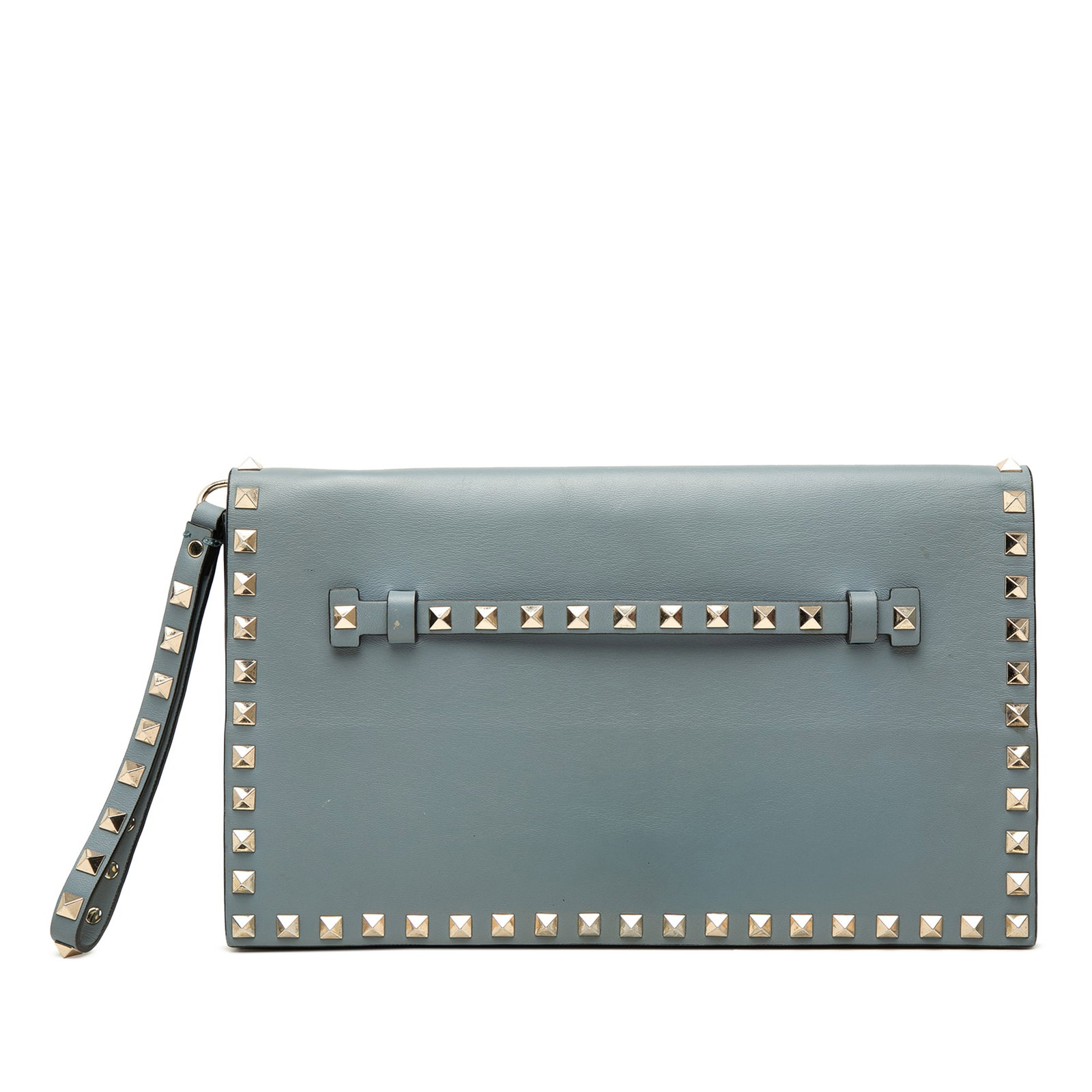 Valentino Rockstud Blue Leather Flap Clutch Bag: Valentino Rockstud Blue Leather Flap Clutch Bag Valentino Rockstud flap clutch crafted in blue leather with silver-tone stud embellishments. The design features a front flap with snap closure, an inte