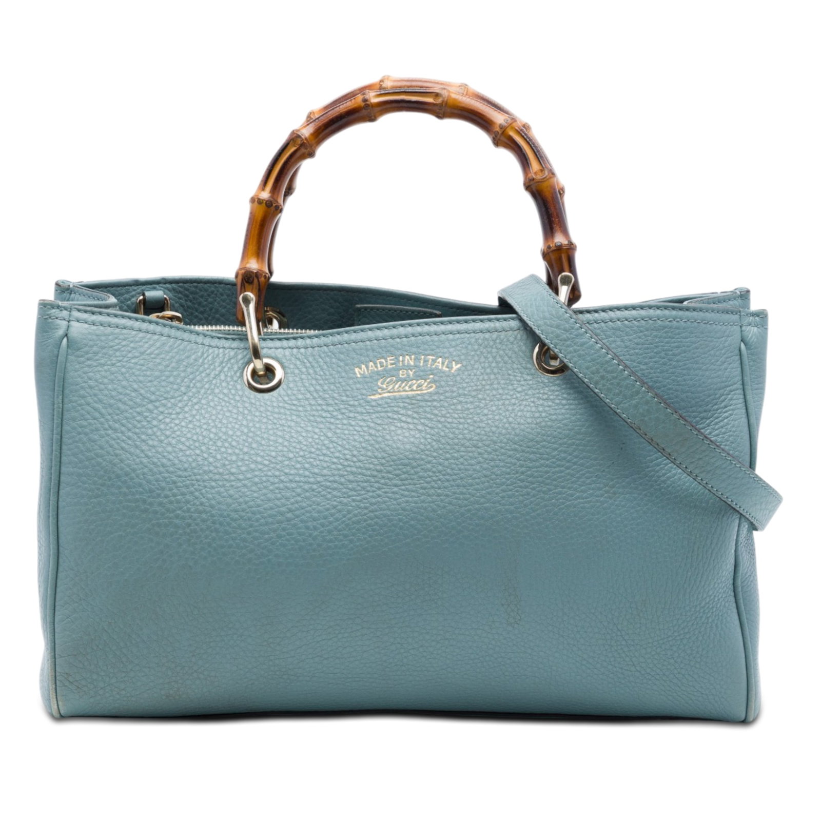 Gucci Bamboo Shopper Medium Calfskin Leather Satchel Blue: Gucci Bamboo Shopper Medium Calfskin Leather Satchel Blue A Gucci Medium Calfskin Bamboo Shopper satchel in blue leather with signature bamboo top handles and a detachable flat leather strap. The bag 