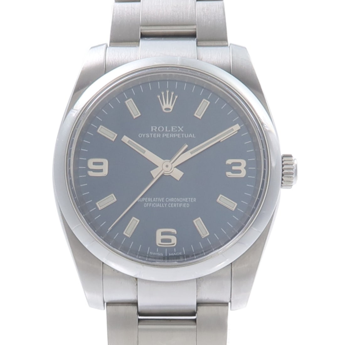 ROLEX 114200 Oyster Perpetual stainless steel automatic blue wristwatch: ROLEX 114200 Oyster Perpetual stainless steel automatic blue wristwatch Rolex Oyster Perpetual 114200 automatic wristwatch with a blue dial and stainless steel case and bracelet. This Swiss-made watch