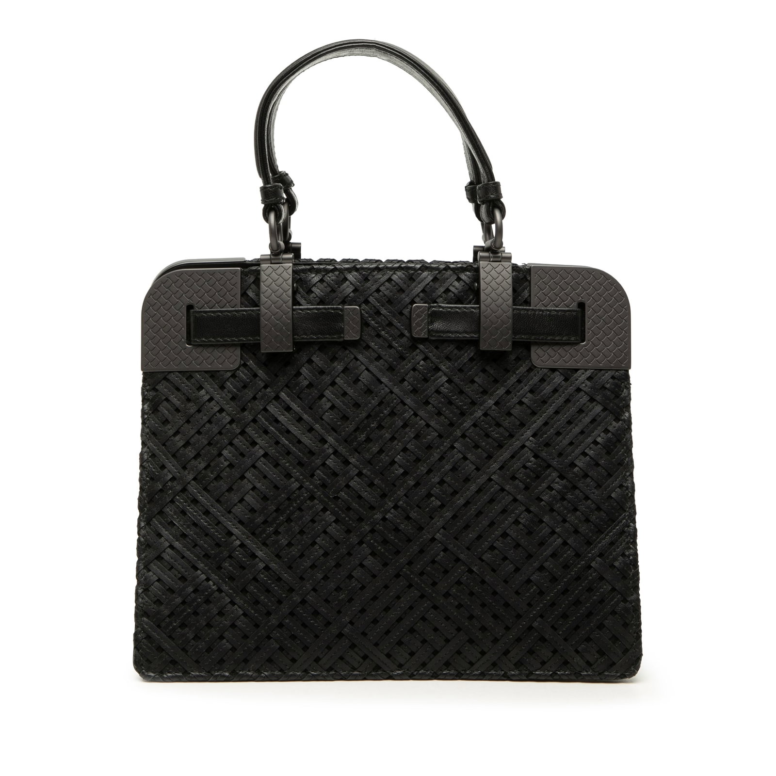 Bottega Veneta Intrecciato black leather handbag: Bottega Veneta Intrecciato black leather handbag Bottega Veneta Nappa Intrecciato handbag crafted in black woven leather with flat leather handles and an open top. Includes a dust bag. Condition AB wi