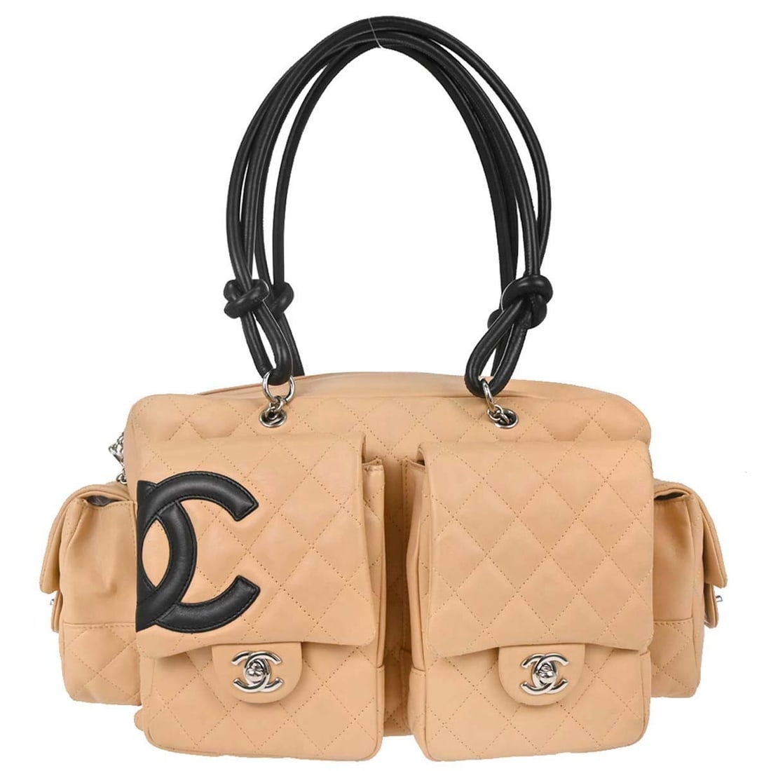 CHANEL Cambon Ligne Beige Calfskin Top Handle Bag: CHANEL Cambon Ligne Beige Calfskin Top Handle Bag Chanel Cambon Ligne reporter handbag in beige calfskin with black accents. This women's top handle bag features multiple exterior and interior pockets