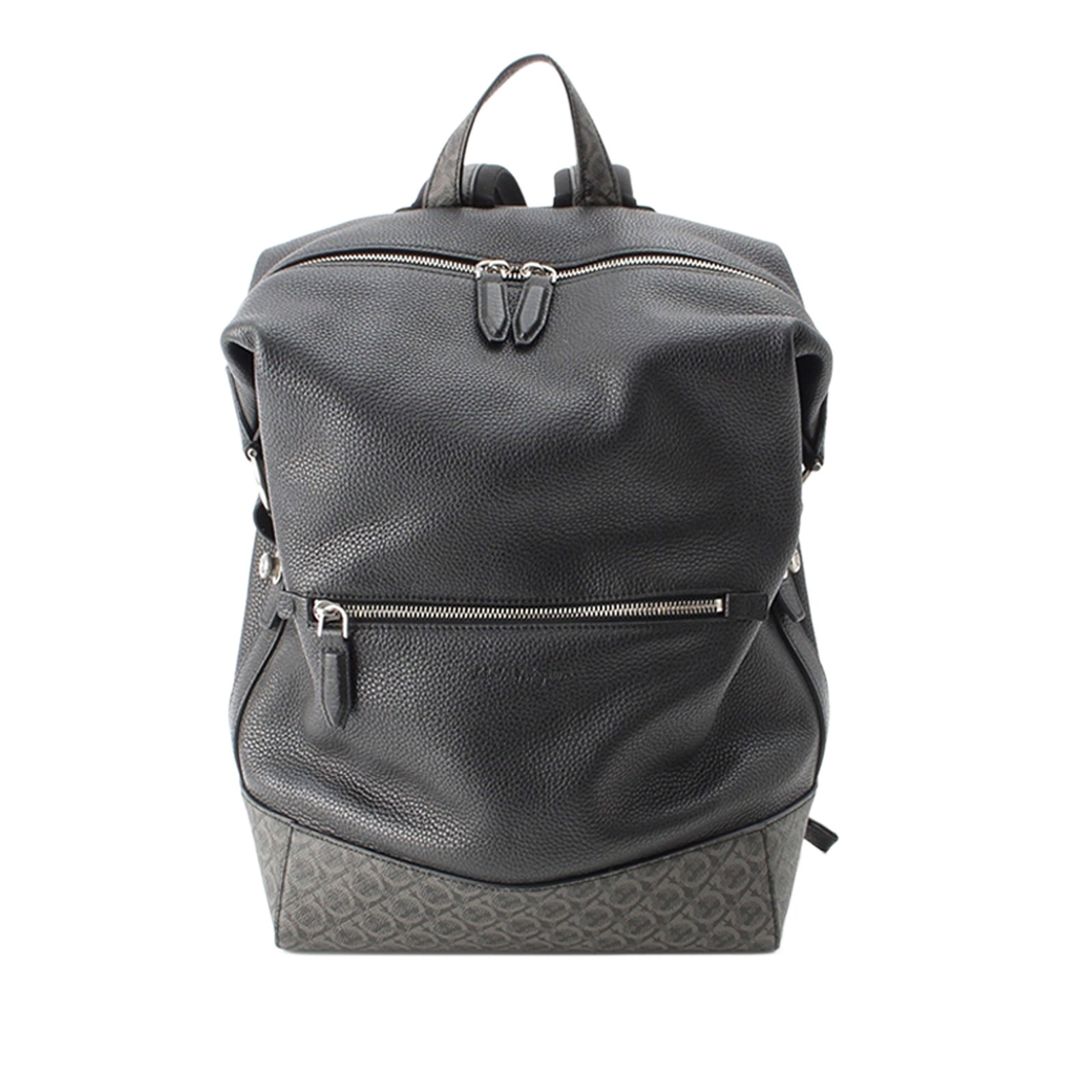Ferragamo Gancini backpack in black leather with coated canvas trim: Ferragamo Gancini backpack in black leather with coated canvas trim Ferragamo Gancini backpack in black leather with coated canvas trim. The design includes a flat leather top handle, flat leather bac