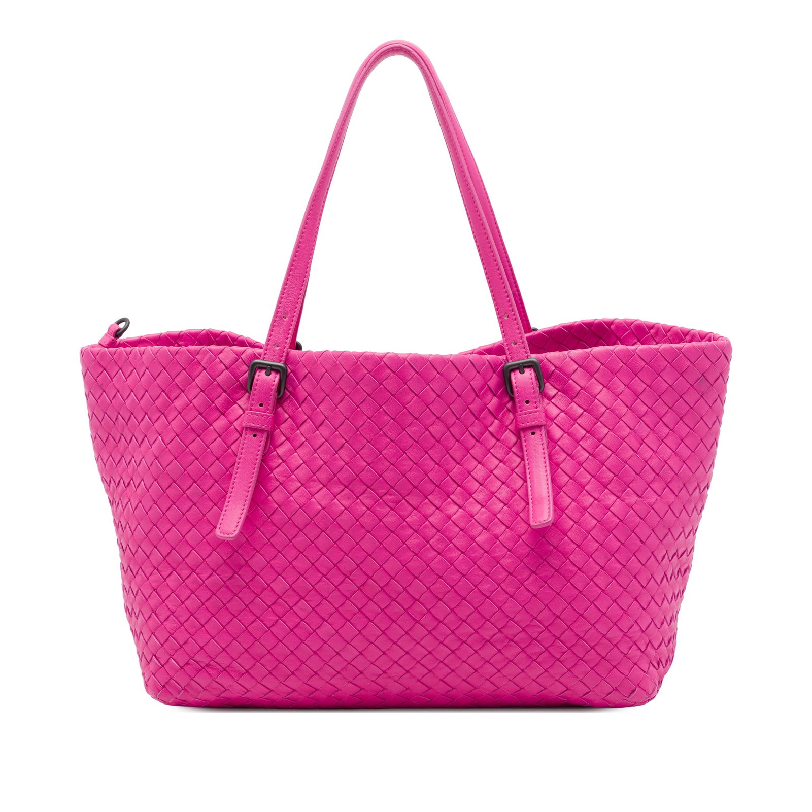 Pink Leather Tote Bottega Veneta Medium Cesta Intrecciato: Pink Leather Tote Bottega Veneta Medium Cesta Intrecciato A Bottega Veneta Medium Nappa Intrecciato Cesta tote in pink leather with the brand's signature woven body. It features adjustable flat leathe