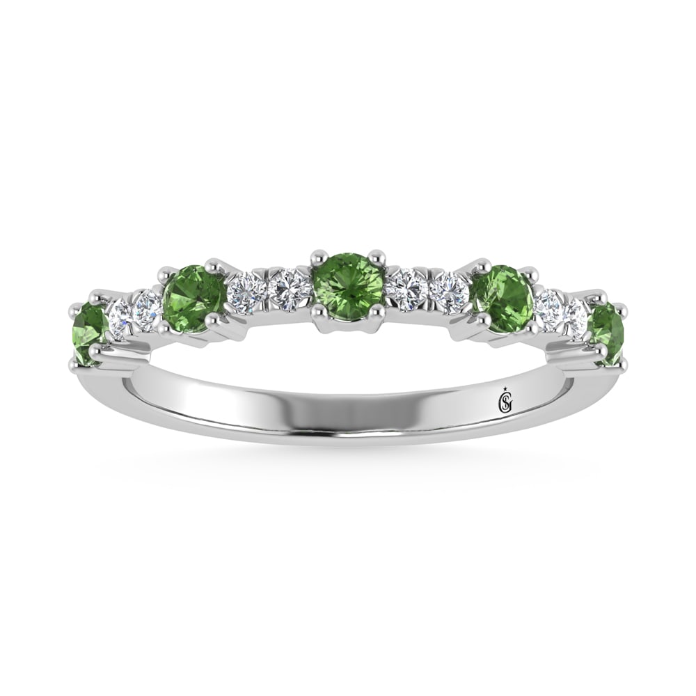14K White Gold Diamond 3/8 Ct. Tw. Alternate Diamond and Peridot Stackable Band: 14K White Gold Diamond 3/8 Ct. Tw. Alternate Diamond and Peridot Stackable Band 14k White Gold Stone Color: G-h Stone Clarity: Si3 Each ring is presented in standard size 6.5. Complimentary resizing i