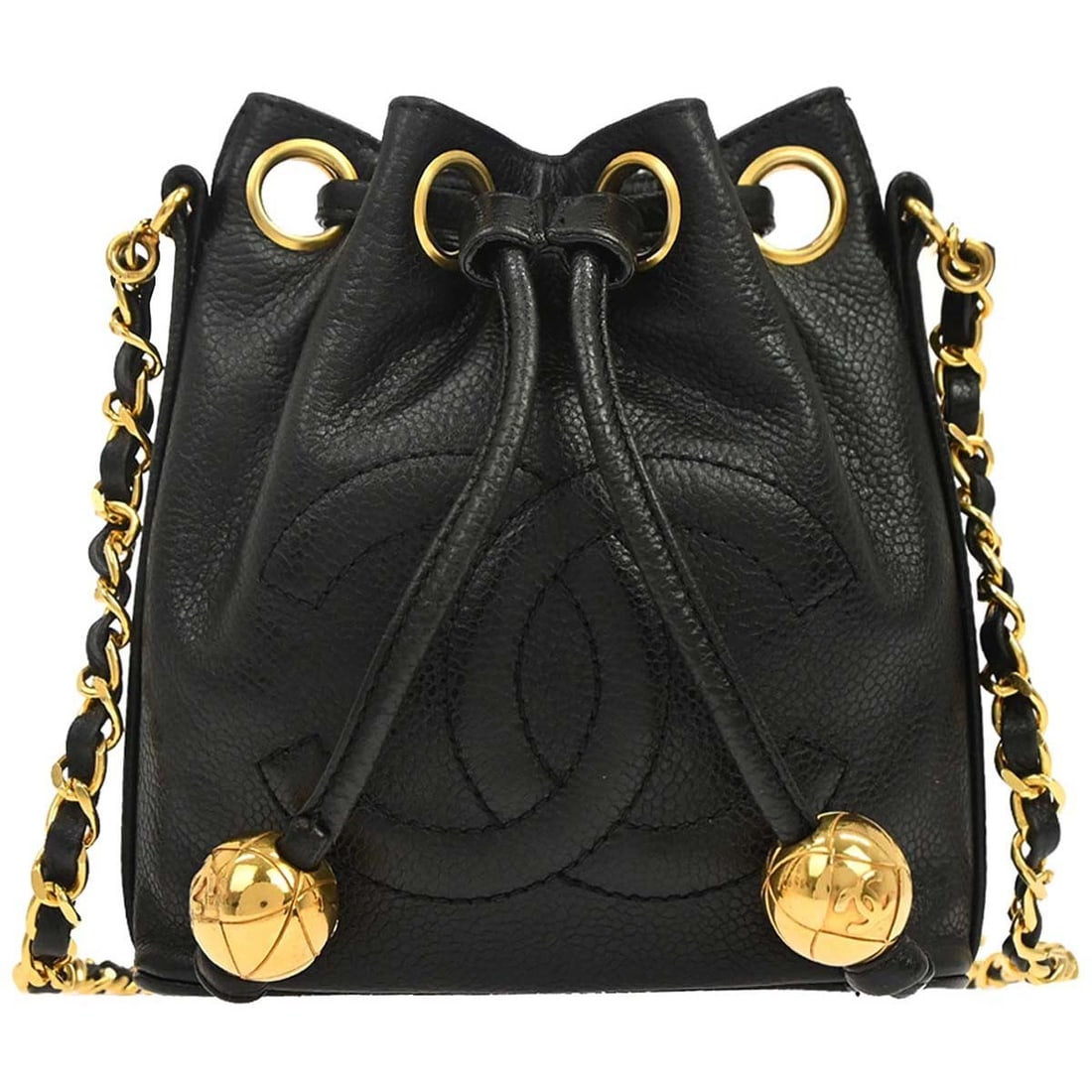 CHANEL Caviar Skin Leather Shoulder Bag with Drawstring Black: CHANEL Caviar Skin Leather Shoulder Bag with Drawstring Black Chanel black calfskin shoulder bag with a drawstring closure and shoulder strap. Made in Italy, this medium bag includes a serial sticker 