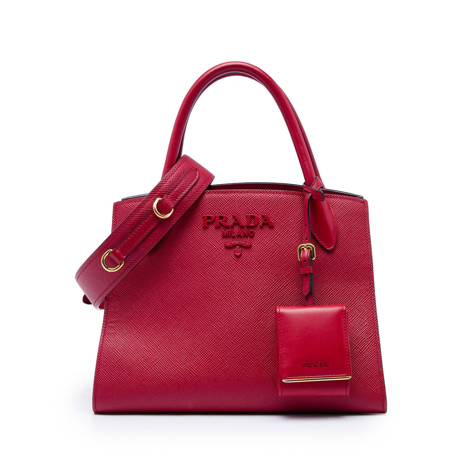 Prada Monochrome Small Saffiano Cuir Leather Top Handle Satchel: Prada Monochrome Small Saffiano Cuir Leather Top Handle Satchel This Prada Monochrome satchel is crafted in red saffiano leather with a structured top handle silhouette. It features rolled leather han