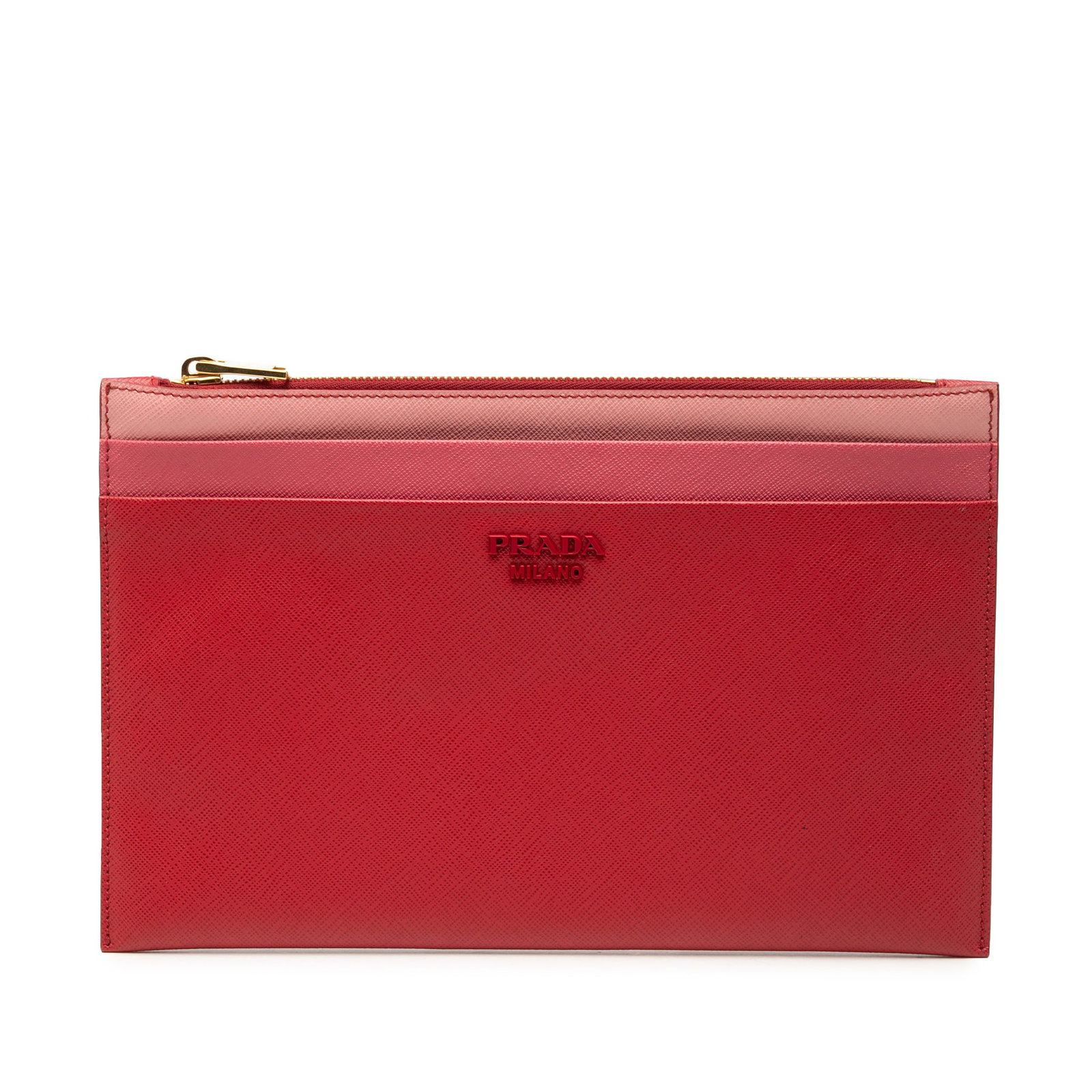 Prada Tricolor Saffiano Leather Portfolio Clutch Red: Prada Tricolor Saffiano Leather Portfolio Clutch Red Prada tricolor zippered portfolio clutch crafted in saffiano leather. This Italian-made clutch features a top zip closure, exterior slip pockets, a