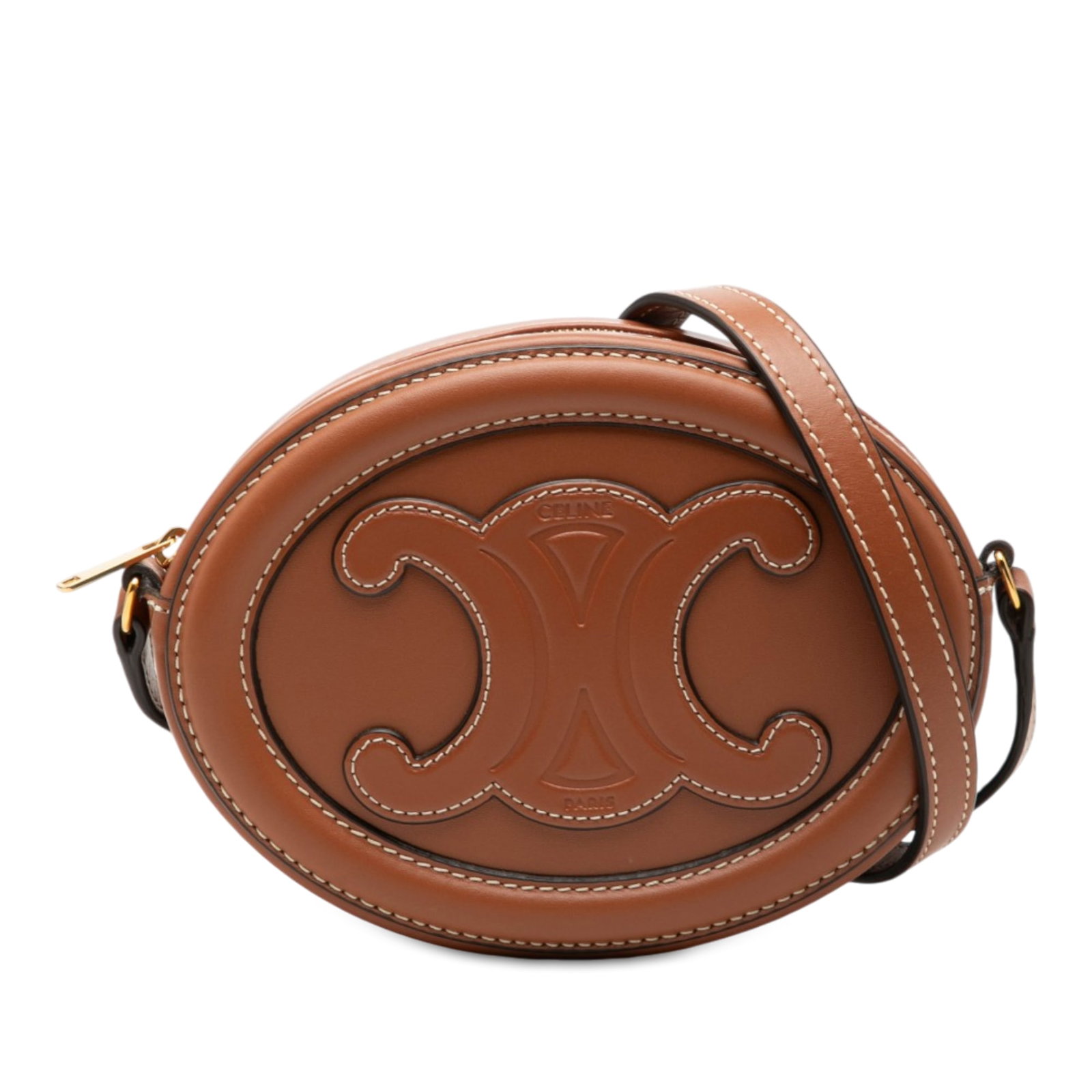 Celine Triomphe Oval Crossbody Small Calfskin Leather Bag: Celine Triomphe Oval Crossbody Small Calfskin Leather Bag Celine Small Calfskin Cuir Triomphe Oval Crossbody in brown leather with an embossed leather body, adjustable flat leather shoulder strap, and