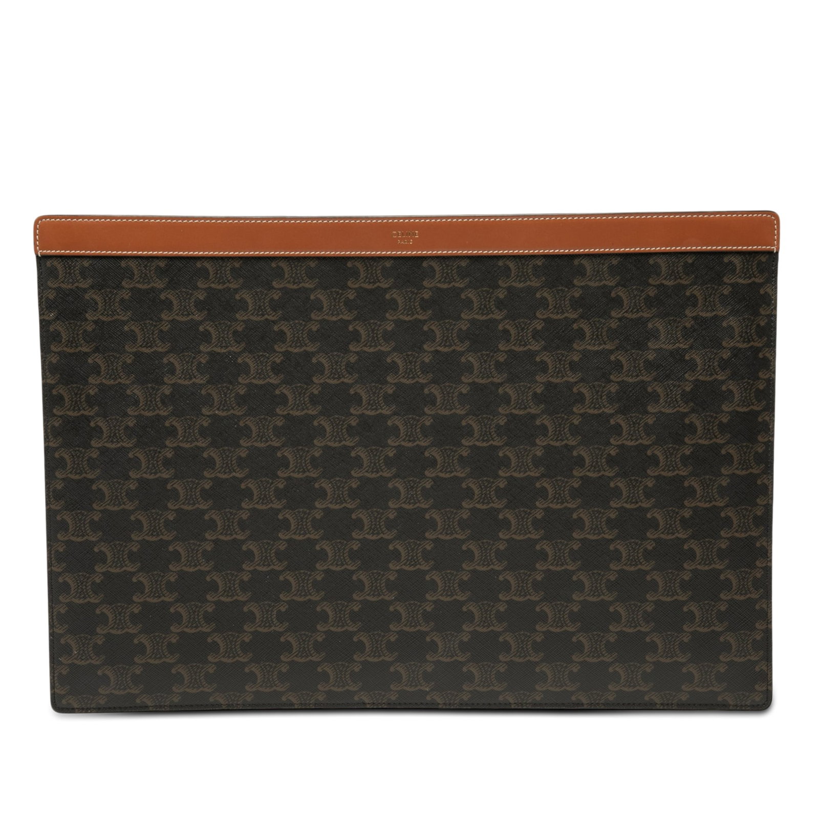 Celine Triomphe clutch in brown coated canvas: Celine Triomphe clutch in brown coated canvas Celine Triomphe coated canvas clutch in brown with a streamlined open-top design. Made in Italy, this clutch offers a classic silhouette for carrying esse