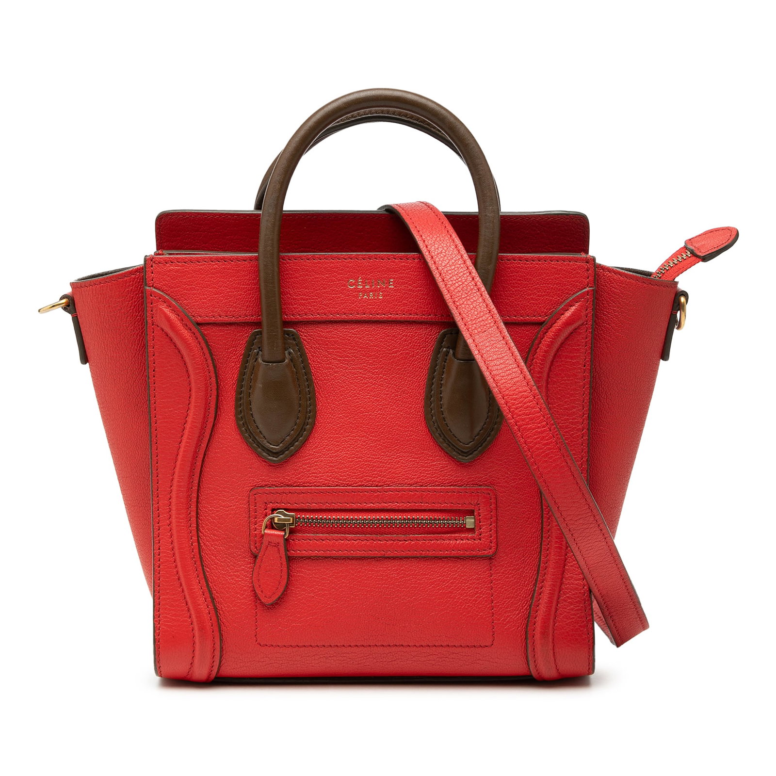 Celine Nano Luggage Tote in Red Bicolor Leather: Celine Nano Luggage Tote in Red Bicolor Leather Celine Nano Bicolor Leather Luggage Tote crafted in leather with rolled top handles, a detachable flat leather strap, top zip closure, front exterior zi