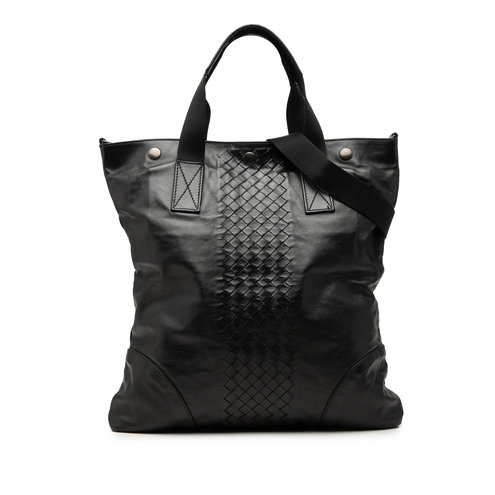 Black Leather Satchel Bottega Veneta Intrecciato Trimmed Nappa Tote: Black Leather Satchel Bottega Veneta Intrecciato Trimmed Nappa Tote A Bottega Veneta convertible tote crafted in black nappa leather with intrecciato trim. This satchel-style bag features flat canvas 