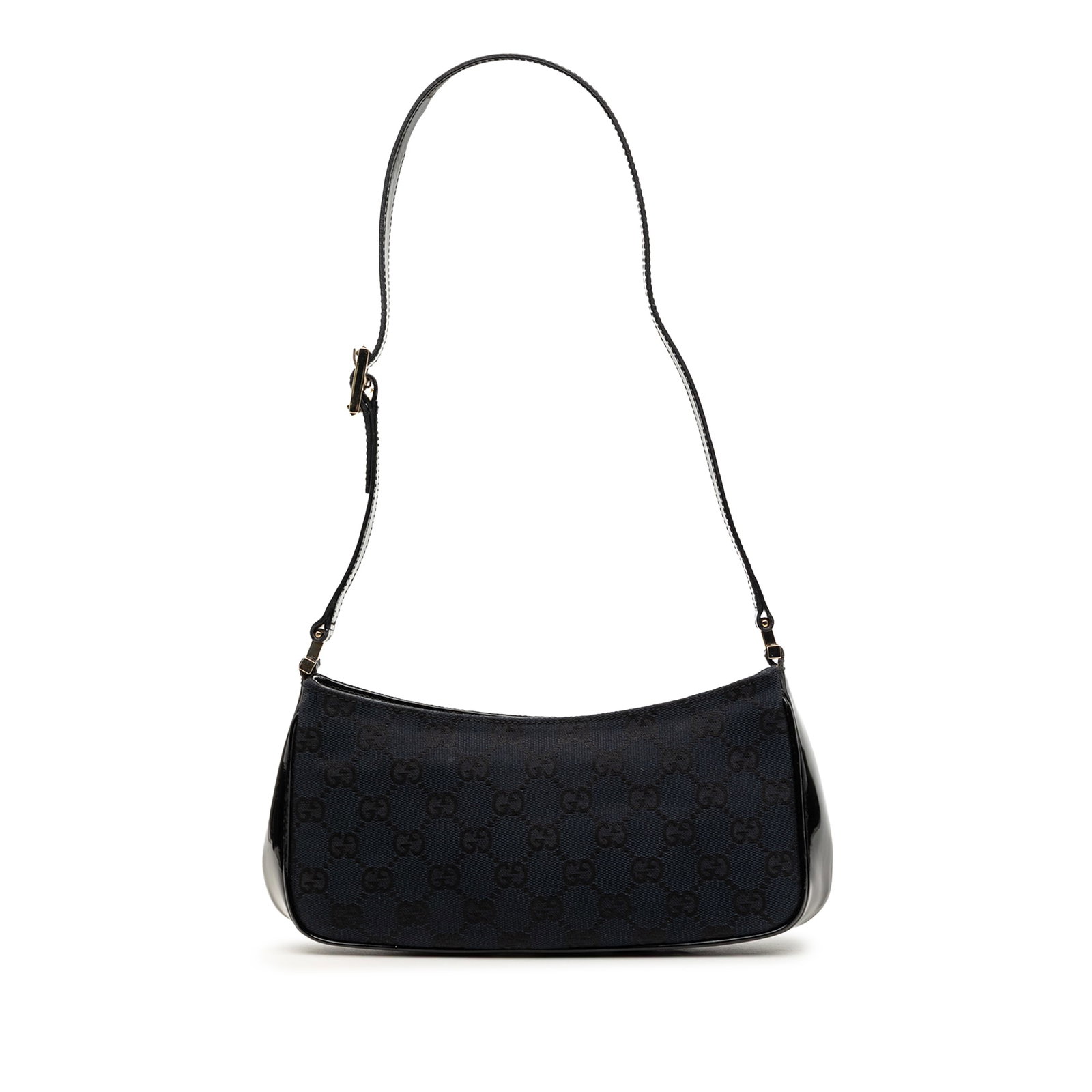 Gucci GG Canvas Blue Shoulder Bag with Patent Leather Trim: Gucci GG Canvas Blue Shoulder Bag with Patent Leather Trim Gucci GG Canvas Shoulder Bag in blue with a canvas body and patent leather trim. The bag features a flat patent leather shoulder strap, top z