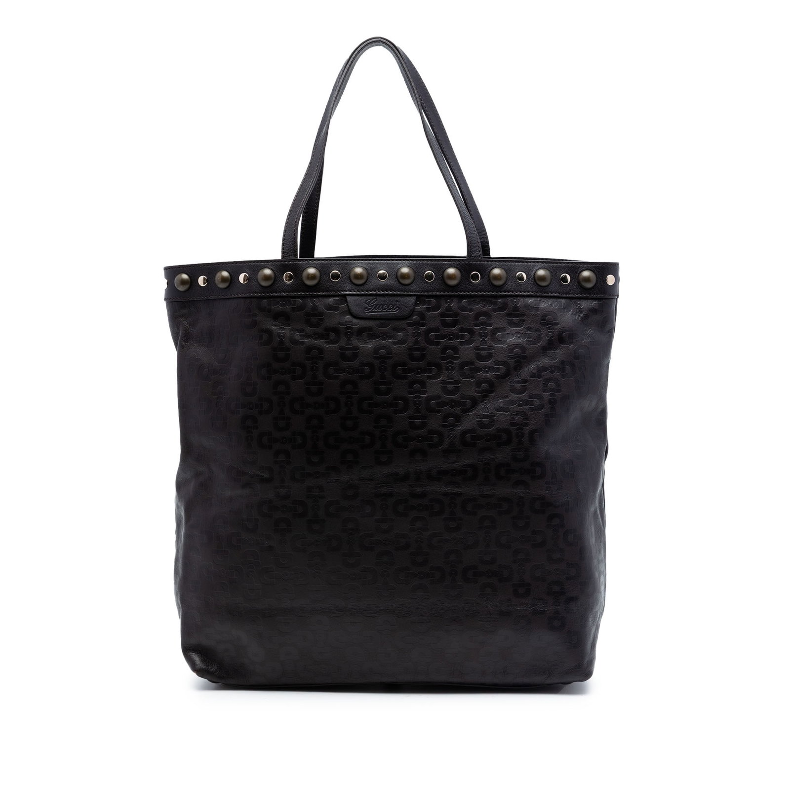 Gucci Horsebit Studded Embossed Leather Tote Bag Black: Gucci Horsebit Studded Embossed Leather Tote Bag Black Gucci tote bag crafted in black embossed leather with stud details and the Horsebit design. It features flat leather straps, an open top with mag