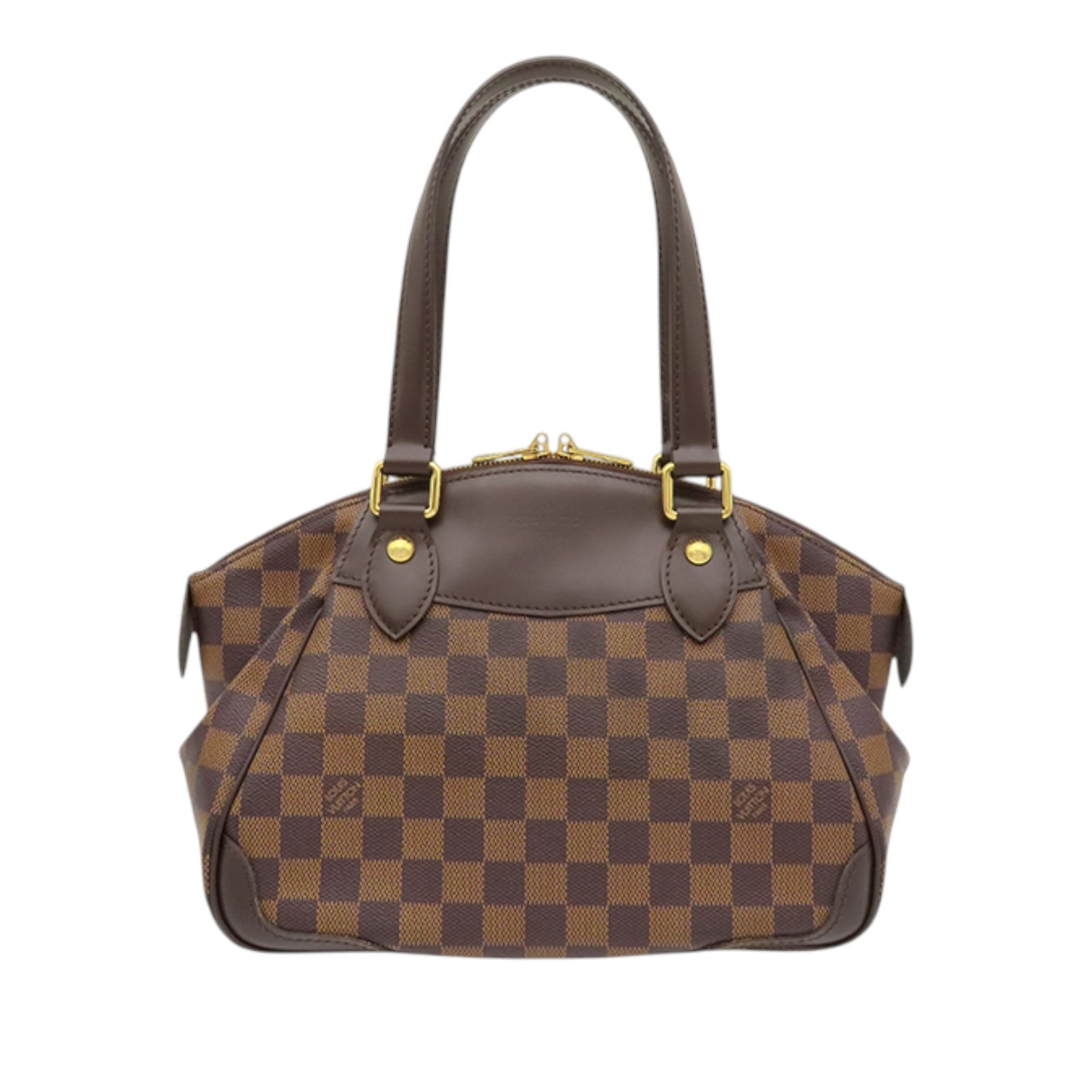 Louis Vuitton Verona PM Damier Ebene Brown Handbag: Louis Vuitton Verona PM Damier Ebene Brown Handbag A Louis Vuitton Verona PM handbag in Damier Ebene canvas with leather trim and flat leather top handles. The bag features a two-way top zip closure a