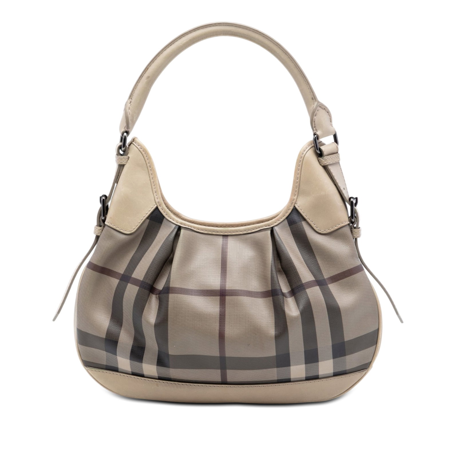 Burberry Brooklyn Hobo Gray Smoke Check Coated Canvas Bag: Burberry Brooklyn Hobo Gray Smoke Check Coated Canvas Bag Burberry Brooklyn Hobo in smoke check coated canvas with leather trim and rolled leather straps. This hobo bag features a top zip closure and 