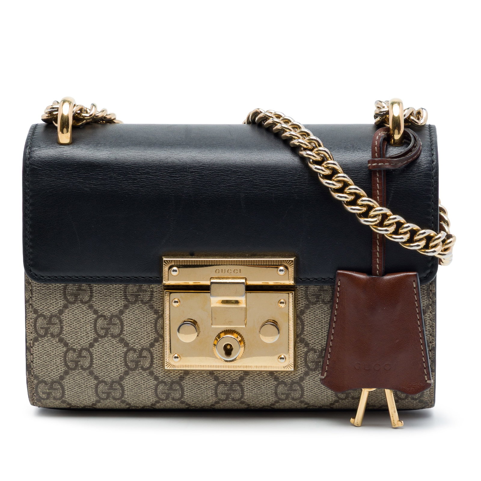 Gucci Padlock Small GG Supreme Crossbody Bag Beige: Gucci Padlock Small GG Supreme Crossbody Bag Beige Gucci Small GG Supreme Padlock Crossbody with a coated canvas and leather body, chain link strap, front flap with push lock closure, exterior slip po