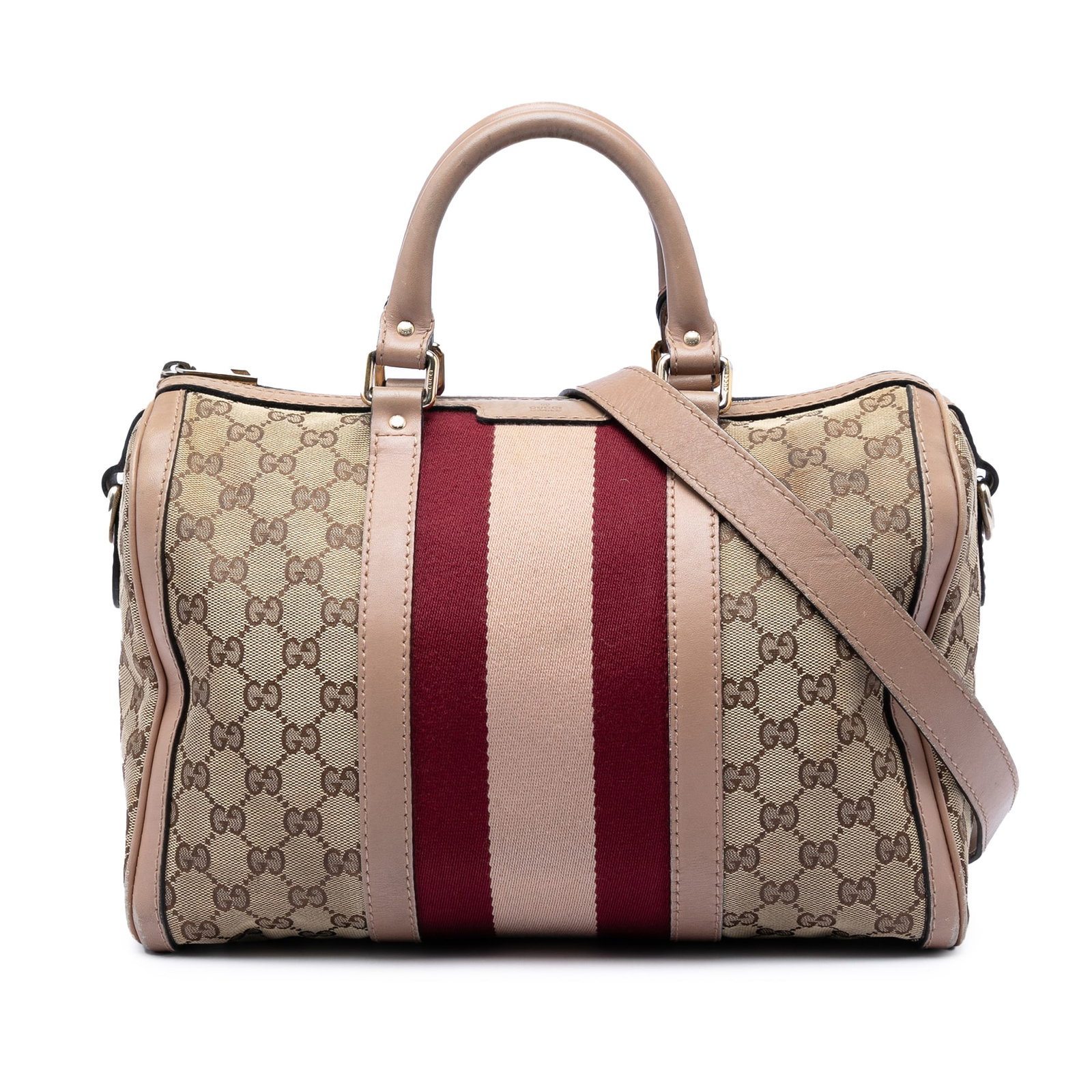Gucci Joy Boston Satchel Medium GG Canvas Beige Leather Trim: Gucci Joy Boston Satchel Medium GG Canvas Beige Leather Trim A Gucci Medium GG Canvas Web Joy Boston Bag crafted with a canvas body, leather trim, and web detail. This satchel features rolled leather 
