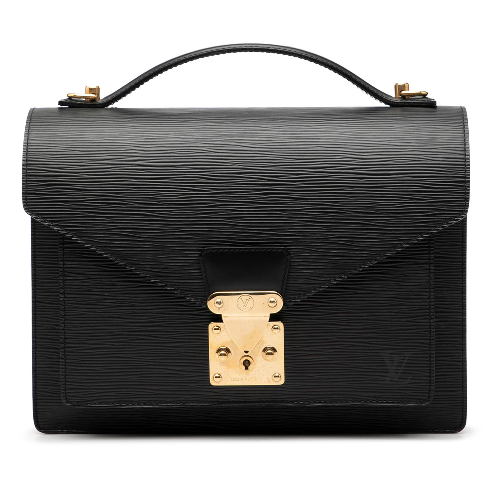 Black Epi Leather Monceau 28 Bag by Louis Vuitton with Top Handle: Black Epi Leather Monceau 28 Bag by Louis Vuitton with Top Handle The Louis Vuitton Epi Monceau 28 features a structured silhouette crafted from signature epi leather in black. It is designed with a f