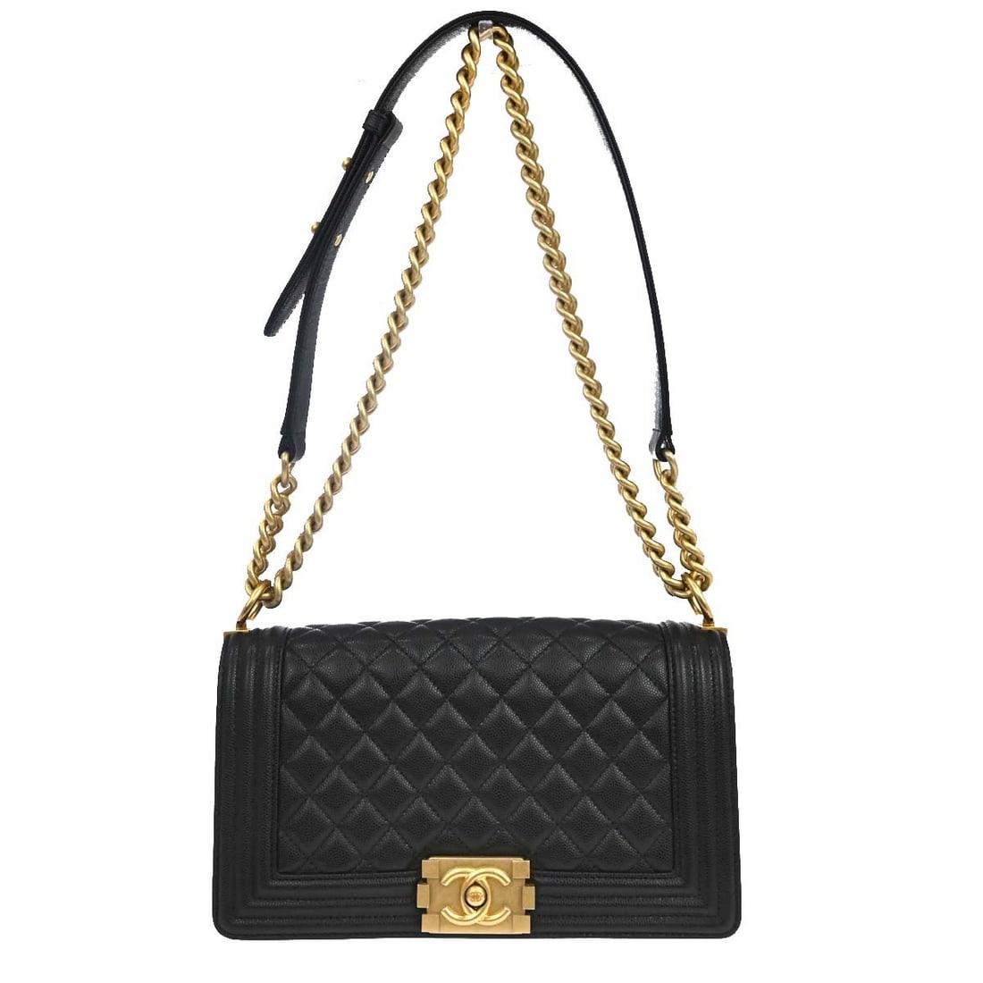 CHANEL Boy Medium Shoulder Bag Black Caviar Leather Chain Strap: CHANEL Boy Medium Shoulder Bag Black Caviar Leather Chain Strap Medium Boy Chanel shoulder bag in black caviar skin leather with a push-lock closure, quilted accents, fabric lining, and chain shoulder
