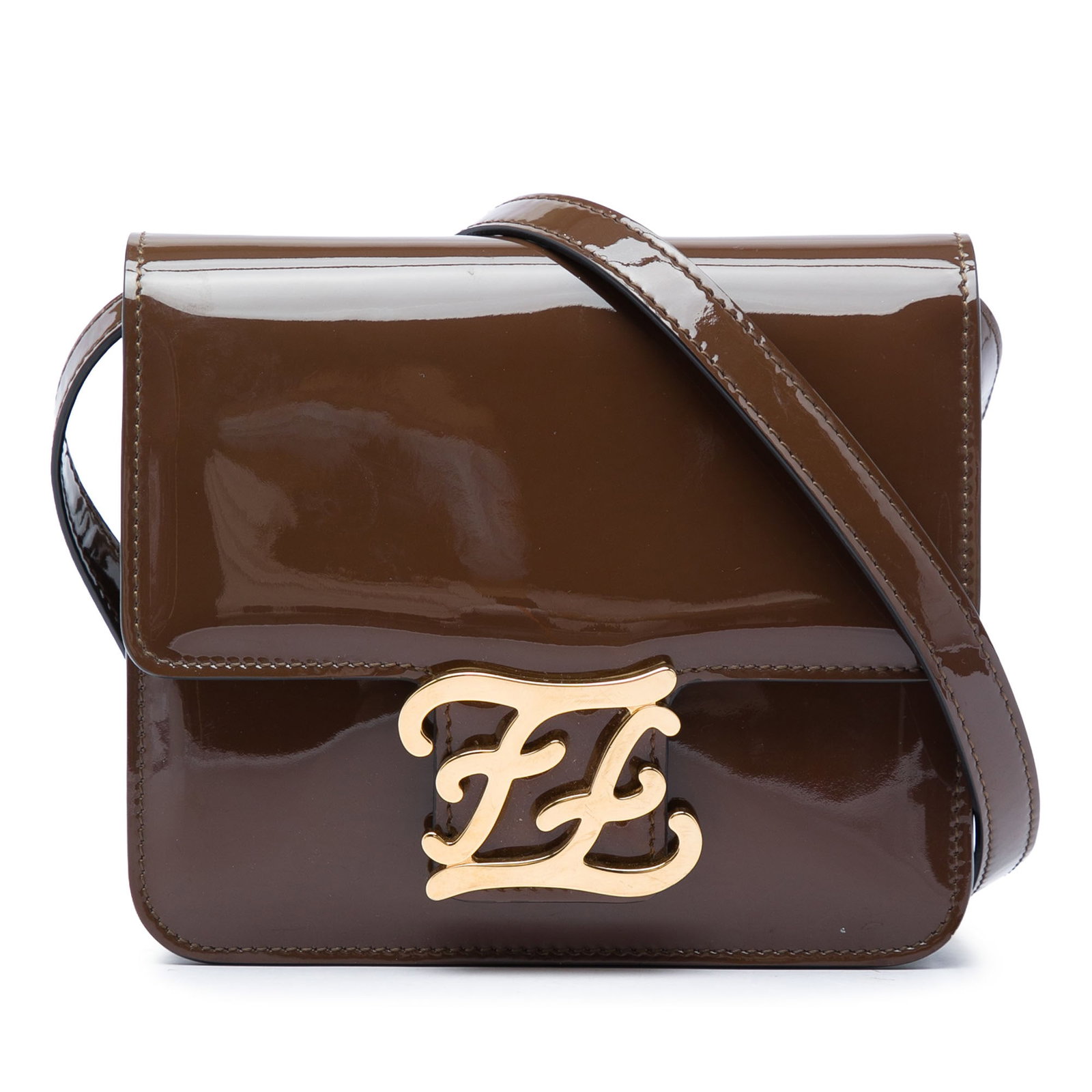 Fendi Karligraphy Patent Leather Crossbody Bag Brown: Fendi Karligraphy Patent Leather Crossbody Bag Brown Fendi Karligraphy crossbody bag crafted in patent leather with an adjustable flat strap and a front flap with metal lock closure. The interior incl