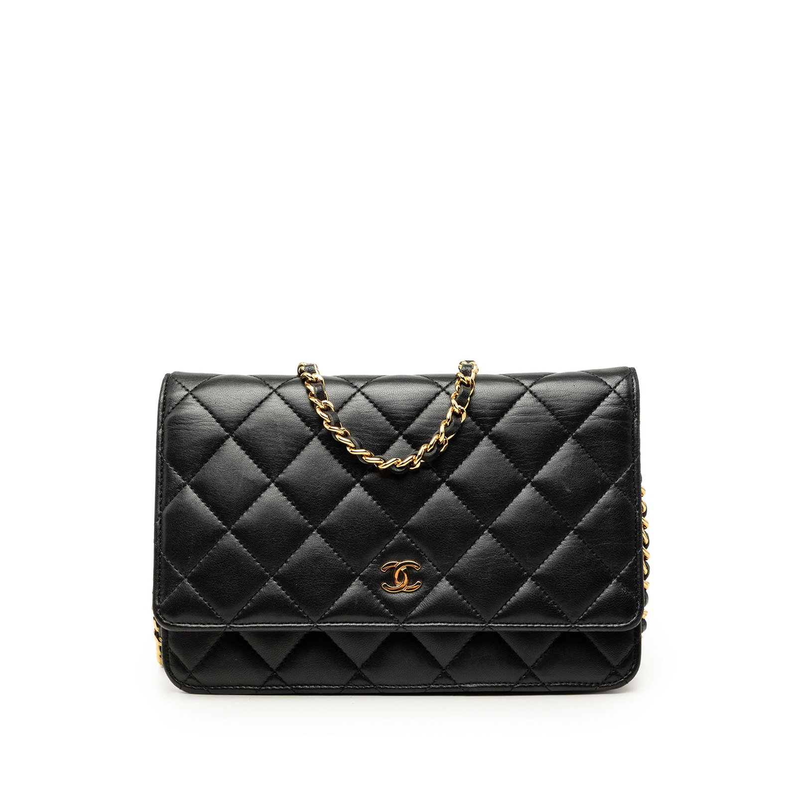 Chanel CC Wallet on Chain Black Quilted Lambskin Leather Bag: Chanel CC Wallet on Chain Black Quilted Lambskin Leather Bag A Chanel CC Quilted Lambskin Wallet On Chain in black lambskin leather. This bag features a quilted leather body, a leather-woven chain sho