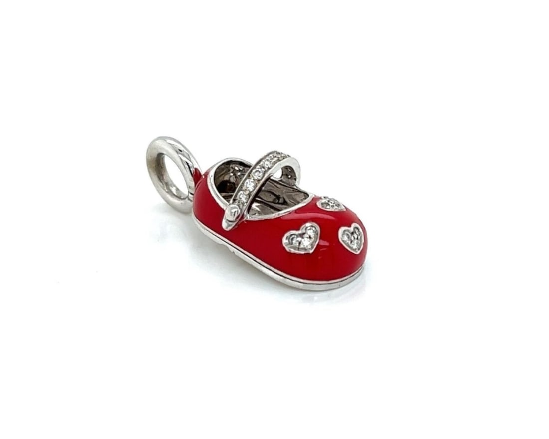 Aaron Basha 18k White Gold Baby Shoe Charm Pendant with Diamonds Red Enamel (1 of 8)