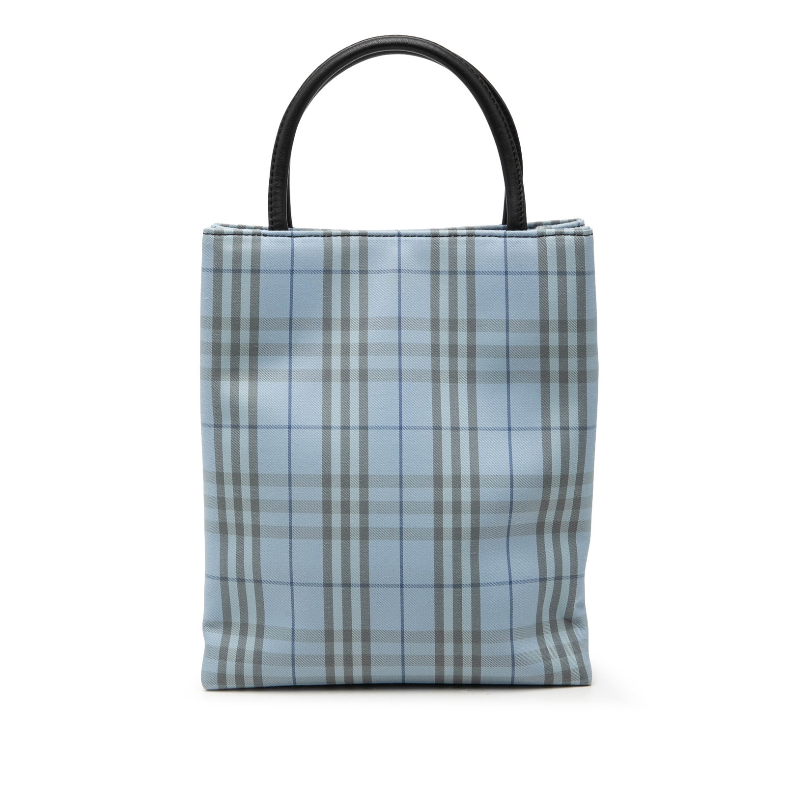 Burberry House Check Blue Canvas Tote Handbag: Burberry House Check Blue Canvas Tote Handbag Burberry House Check canvas handbag with rolled leather handles, an open top with magnetic snap closure, and an interior zip pocket. Finished in blue, thi