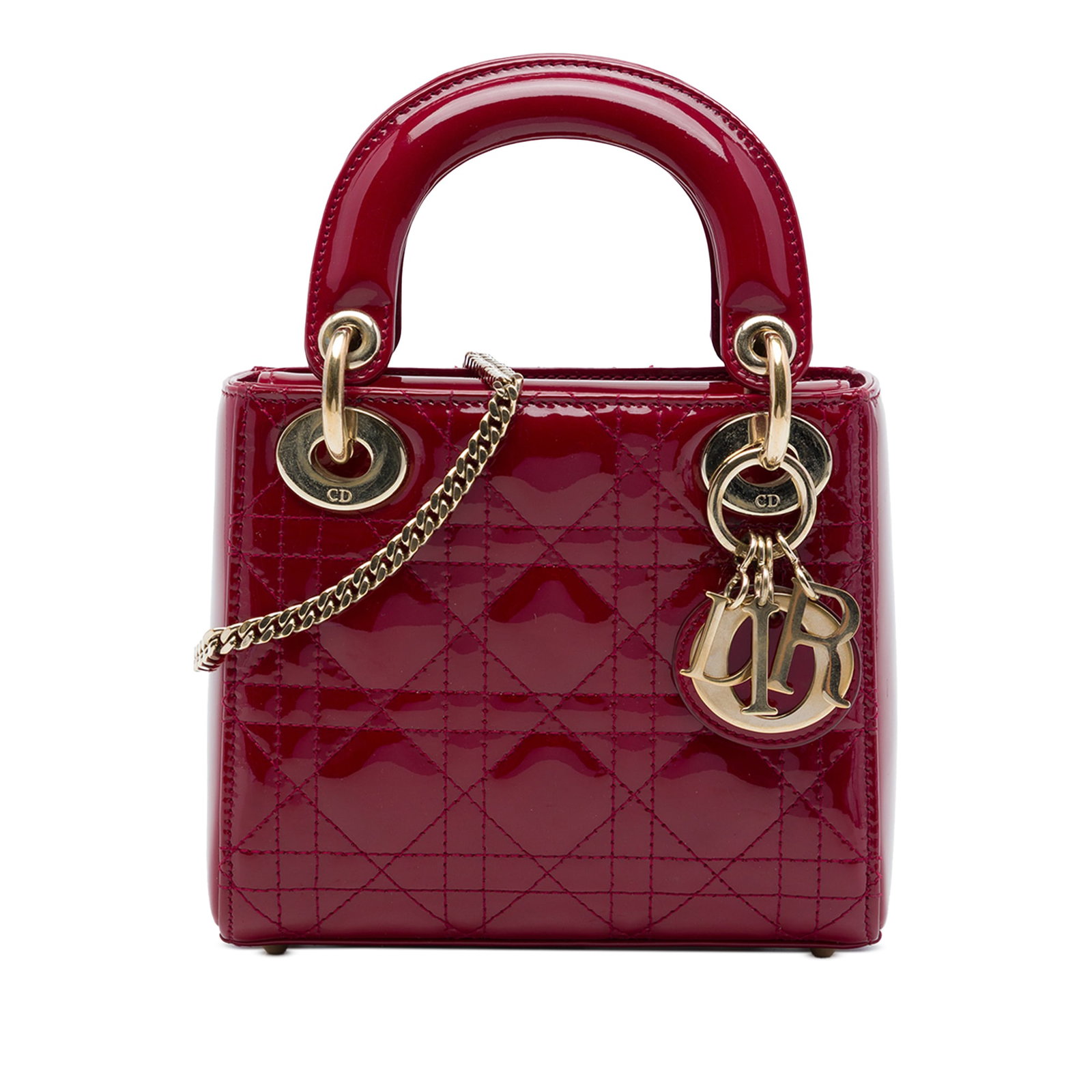 Dior Lady Dior Mini red patent leather handbag: Dior Lady Dior Mini red patent leather handbag A compact Lady Dior bag crafted in red patent leather with the signature Cannage quilted design. It features flat top handles, a detachable chain link st
