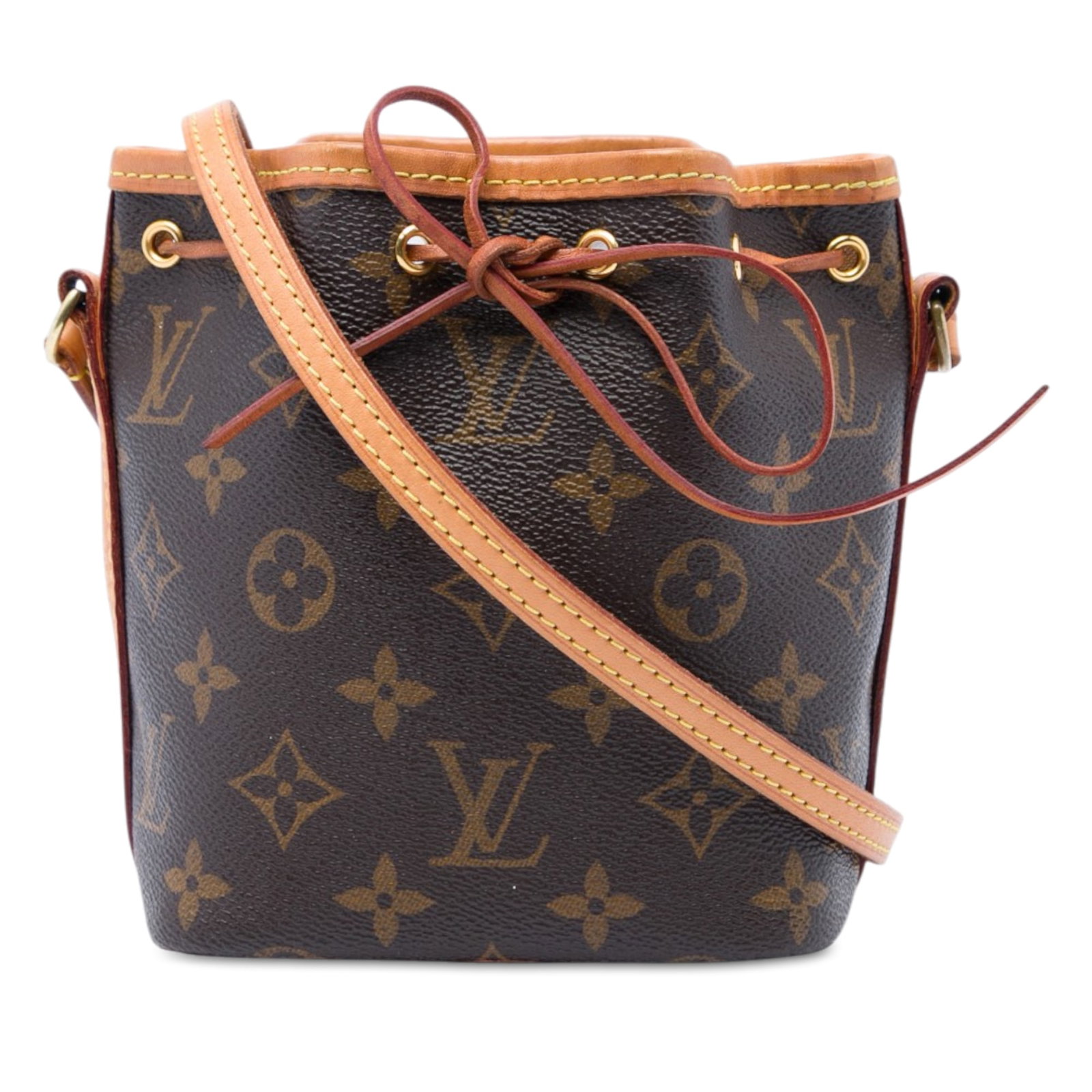Louis Vuitton Nano Noe Monogram Canvas Bucket Bag: Louis Vuitton Nano Noe Monogram Canvas Bucket Bag A compact Louis Vuitton Monogram Nano Noe bag crafted with a monogram canvas body and vachetta leather trim. It features a flat vachetta leather strap