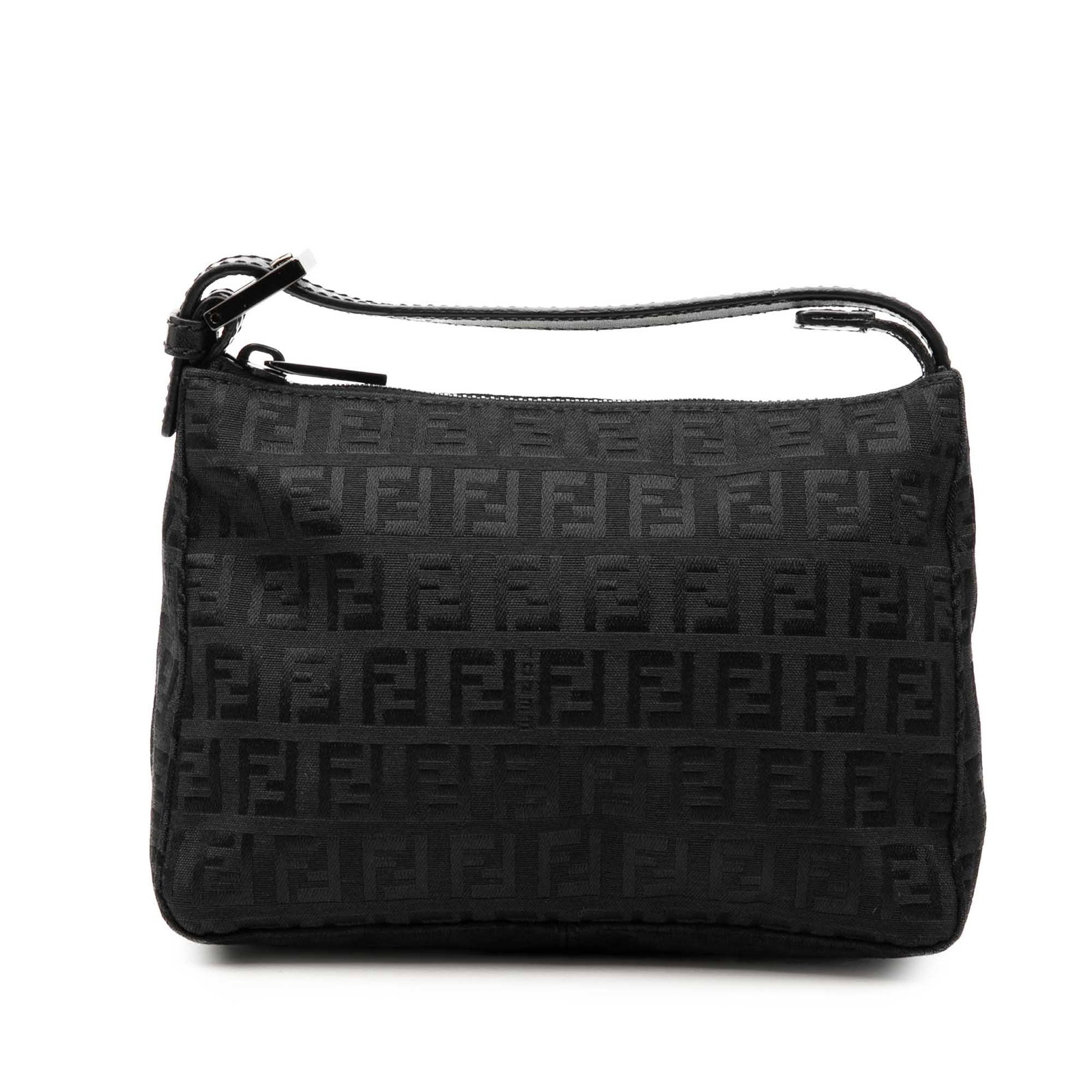 Fendi Zucchino Black Canvas Zip Top Handbag: Fendi Zucchino Black Canvas Zip Top Handbag A compact Fendi Zucchino handbag crafted with a canvas body, a flat leather handle, top zip closure, and an interior slip pocket. Finished in black, this pi