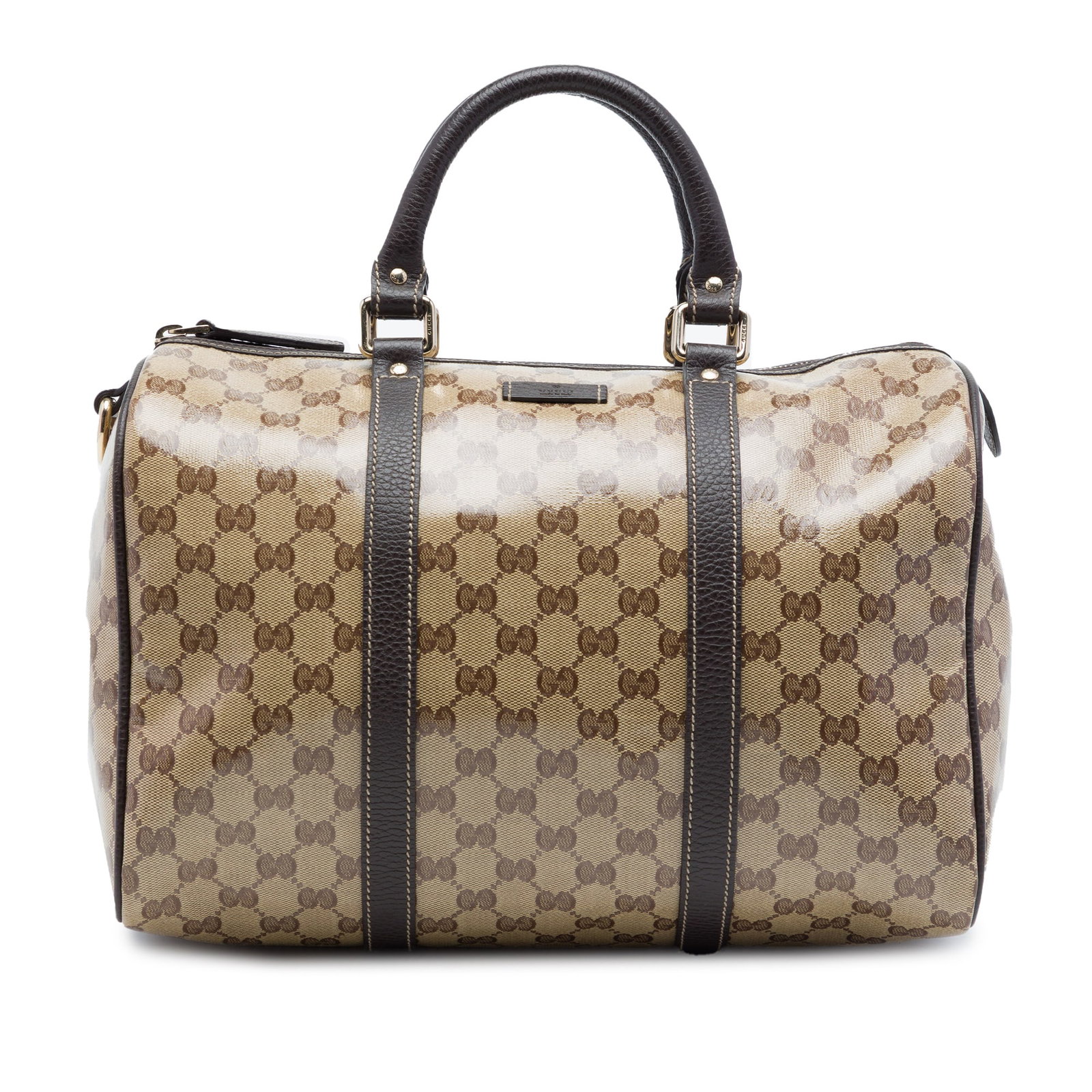 Gucci GG Crystal Joy Medium Boston Bag Beige Coated Canvas: Gucci GG Crystal Joy Medium Boston Bag Beige Coated Canvas Gucci Medium GG Crystal Joy Boston Bag in beige with a coated canvas body, leather trim, rolled leather handles, top zip closure, and an inte