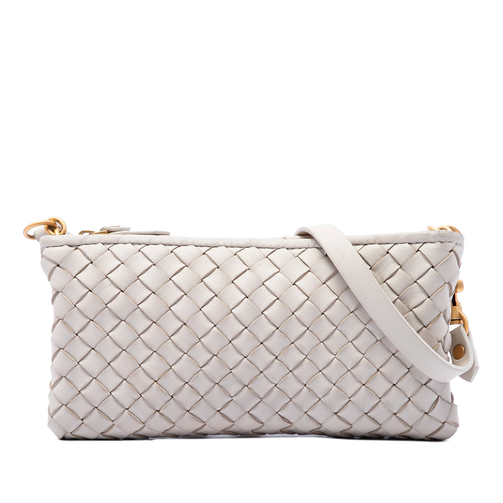 Bottega Veneta Intrecciato Nappa Leather Crossbody Zip Pouch: Bottega Veneta Intrecciato Nappa Leather Crossbody Zip Pouch A compact Bottega Veneta crossbody bag crafted in white woven nappa leather with the signature Intrecciato look. It features a flat leather