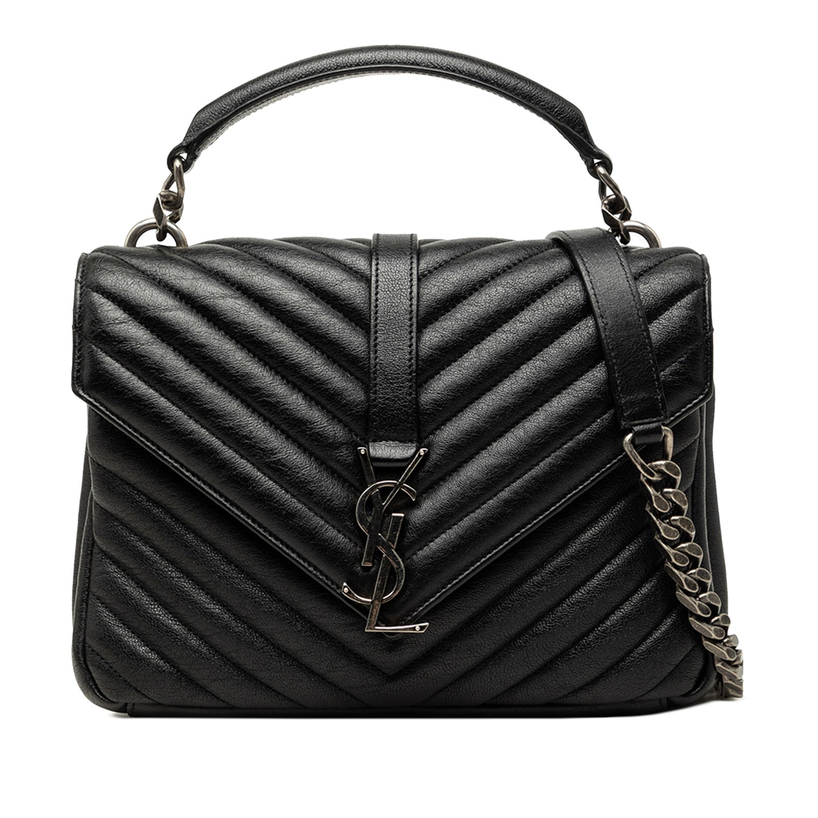 Saint Laurent College Medium Black Sheepskin Chevron Satchel: Saint Laurent College Medium Black Sheepskin Chevron Satchel A Saint Laurent Medium Chevron Sheepskin Monogram College satchel in black leather with a quilted body and structured silhouette. This satc