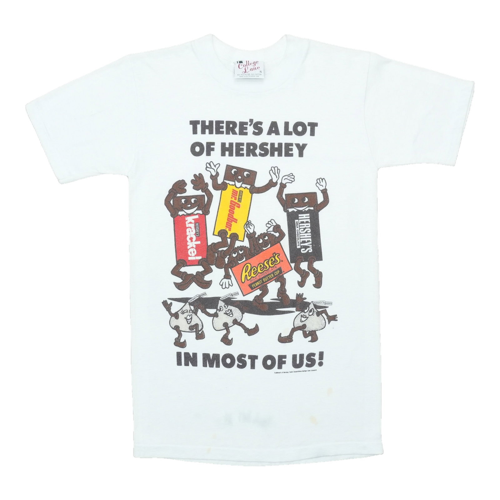 Vintage 1980s Hershey Slogan T Shirt White Cotton: Vintage 1980s Hershey Slogan T Shirt White Cotton Original vintage 1980s "Theres A Lot Of Hershey In Most Of Us" shirt. This is a true vintage piece, not a modern reproduction. Sizes vary, so measurem