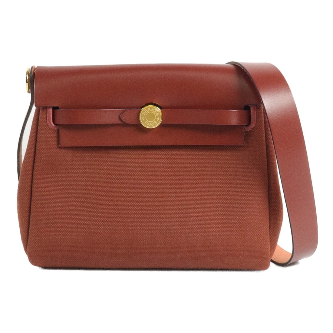 HERMES Mini Herbag Shoulder Bag Canvas Leather Rouge H GHW: HERMES Mini Herbag Shoulder Bag Canvas Leather Rouge H GHW Mini Herbag shoulder bag in canvas and leather with a Rouge H and Bordeaux color combination. This women's bag is made in France and features