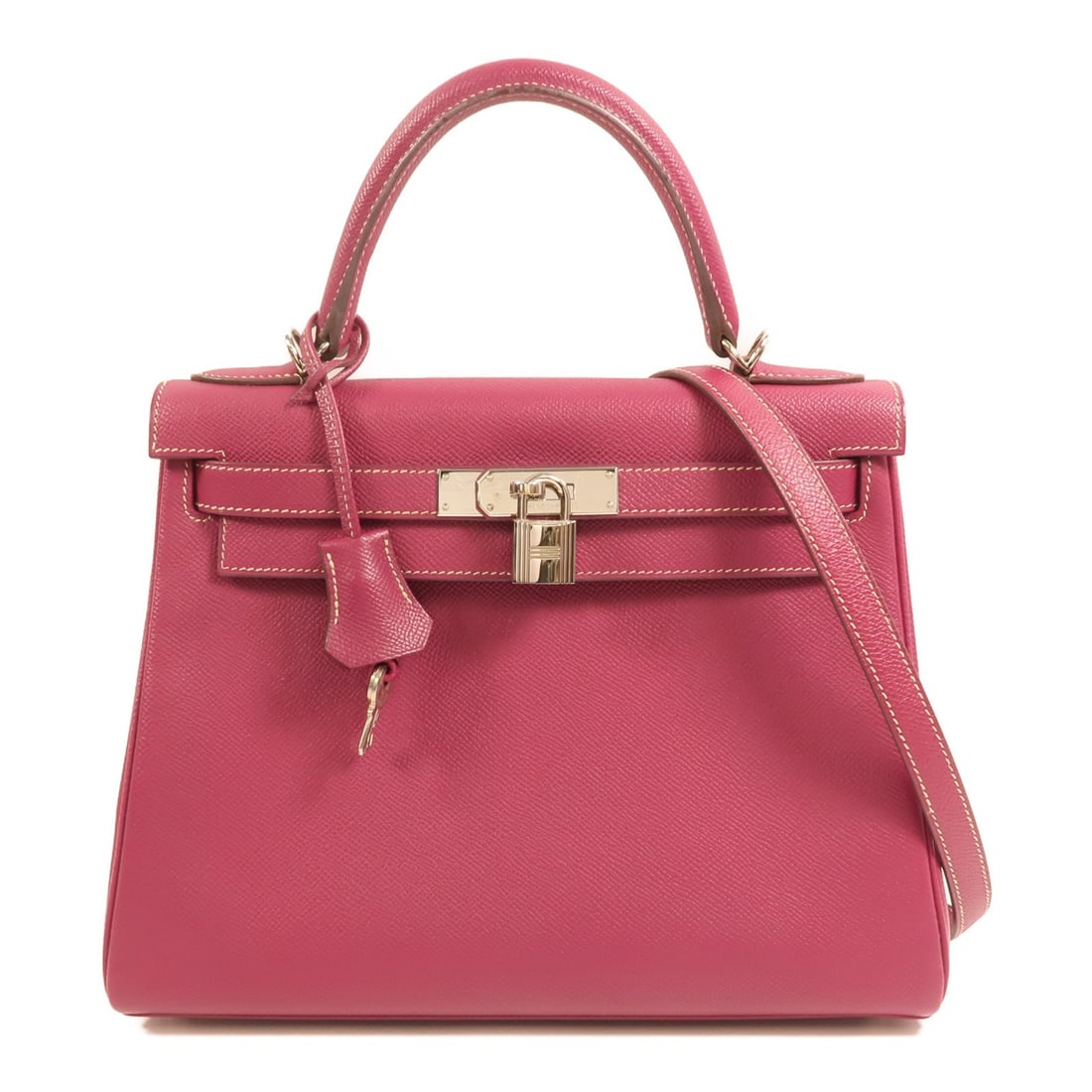 Hermes Kelly 28 Epsom Calfskin 2 Way Shoulder Bag Purple: Hermes Kelly 28 Epsom Calfskin 2 Way Shoulder Bag Purple Hermes Kelly 28 2-way shoulder bag in Epsom leather with palladium-tone hardware. Finished in Rose Tyrien and Rose Pourpre, this structured wom