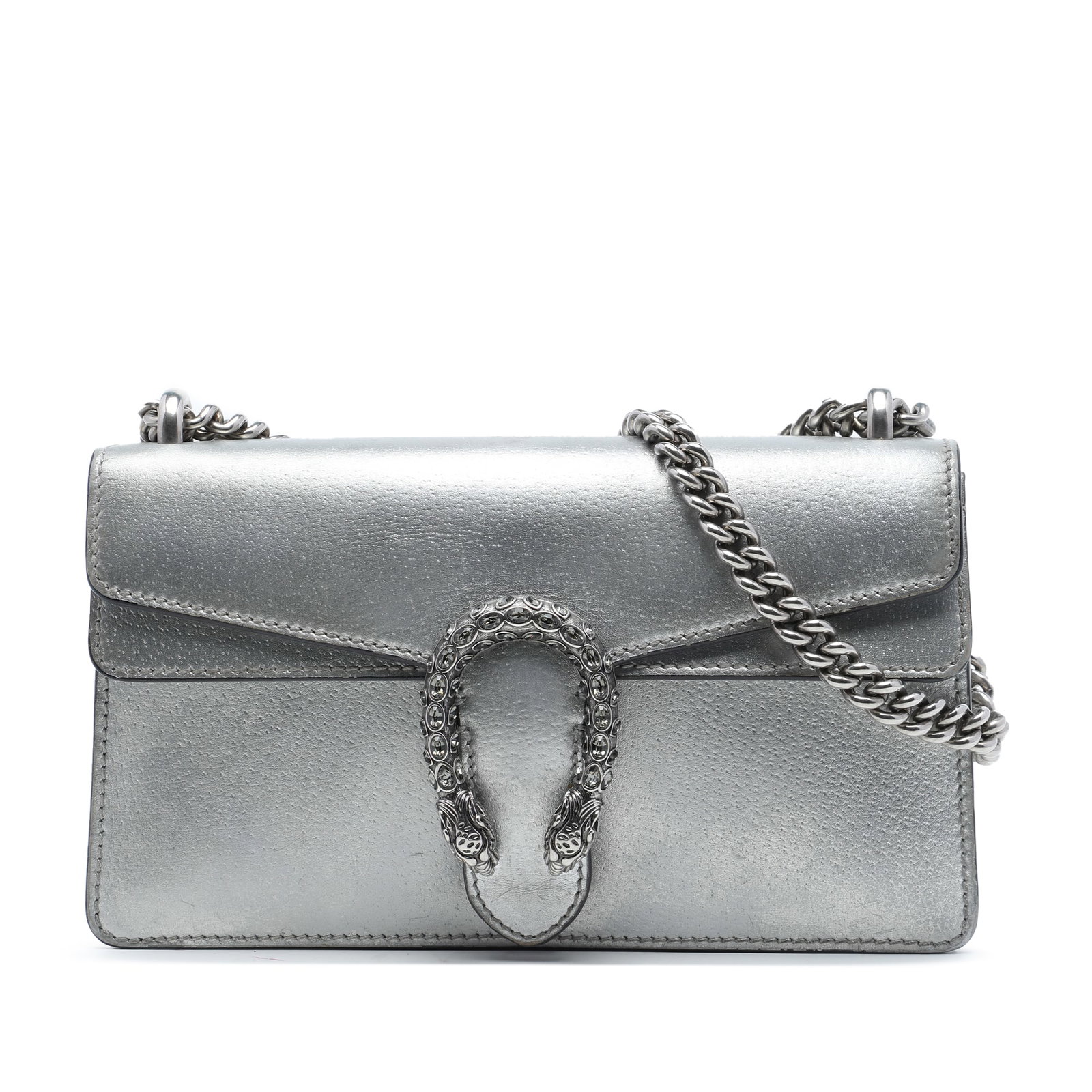 Gucci Dionysus Medium Calfskin Crossbody Bag Silver: Gucci Dionysus Medium Calfskin Crossbody Bag Silver Gucci Dionysus medium crossbody bag crafted in calfskin leather with a chain-link shoulder strap and front flap with magnetic snap closure. Made in 