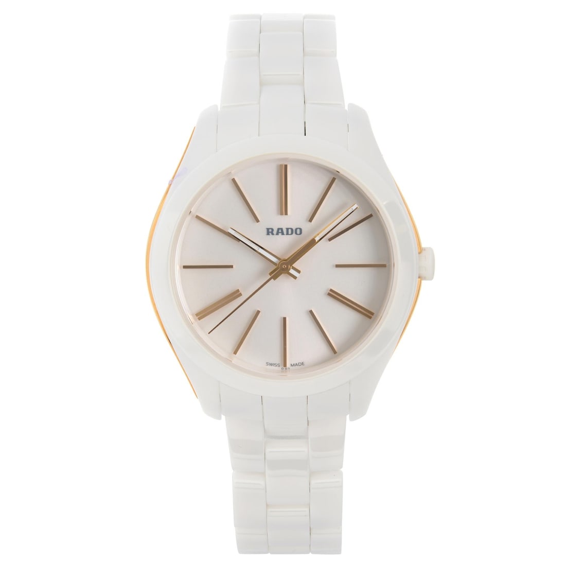 Rado Hyperchrome Ladies Quartz Watch 36mm White Ceramic Steel R32323012: Rado Hyperchrome Ladies Quartz Watch 36mm White Ceramic Steel R32323012 Display model Rado Hyperchrome ladies watch featuring a white dial with rose gold-tone hands and index hour markers. The watch h